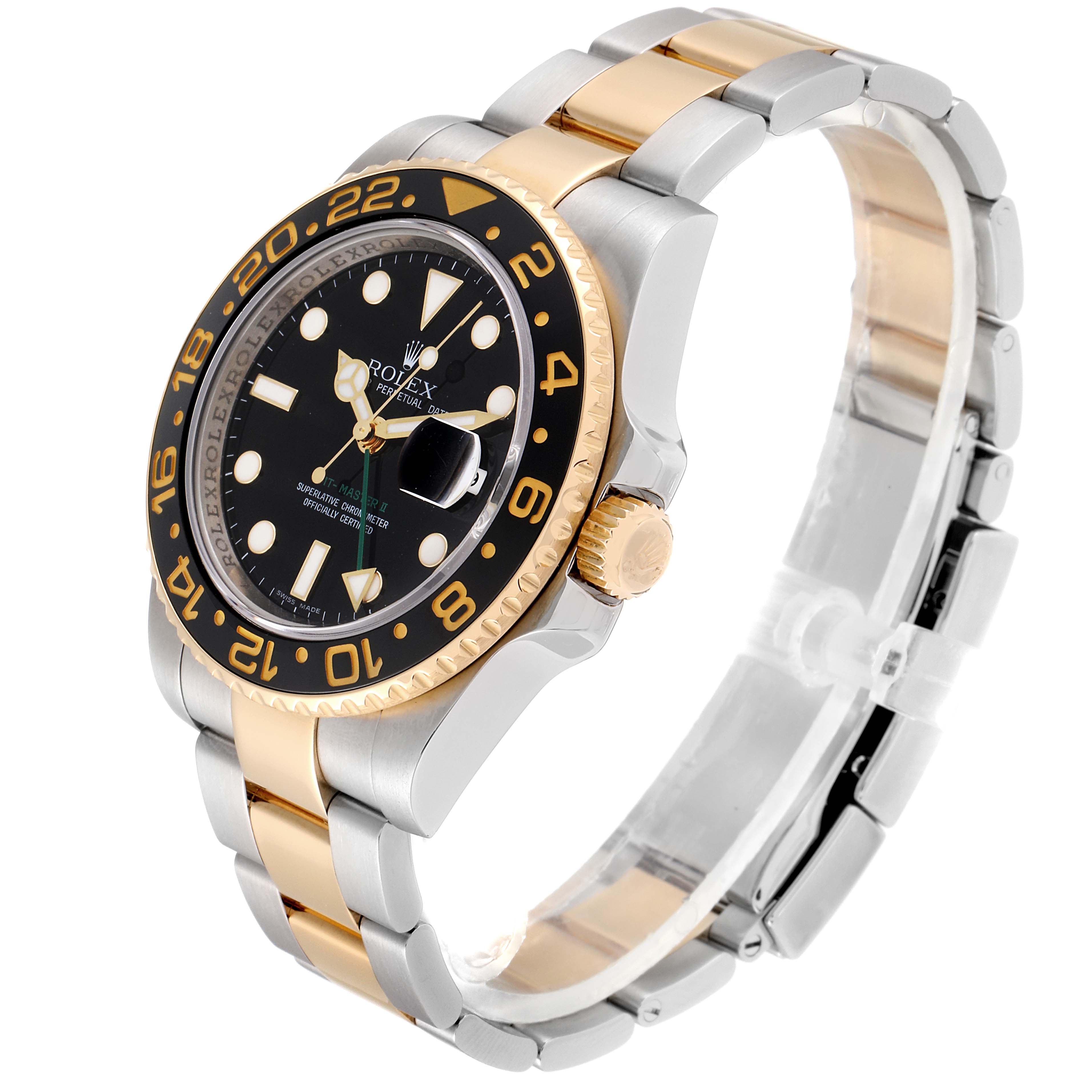 The image shows a right-side angle view of a Rolex GMT-Master 116713 Men's Steel and Gold (two tone) Black Dial 116713 Men's Steel and Gold (two tone) Black Dial watch, emphasizing its bezel, dial, crown, and bracelet.