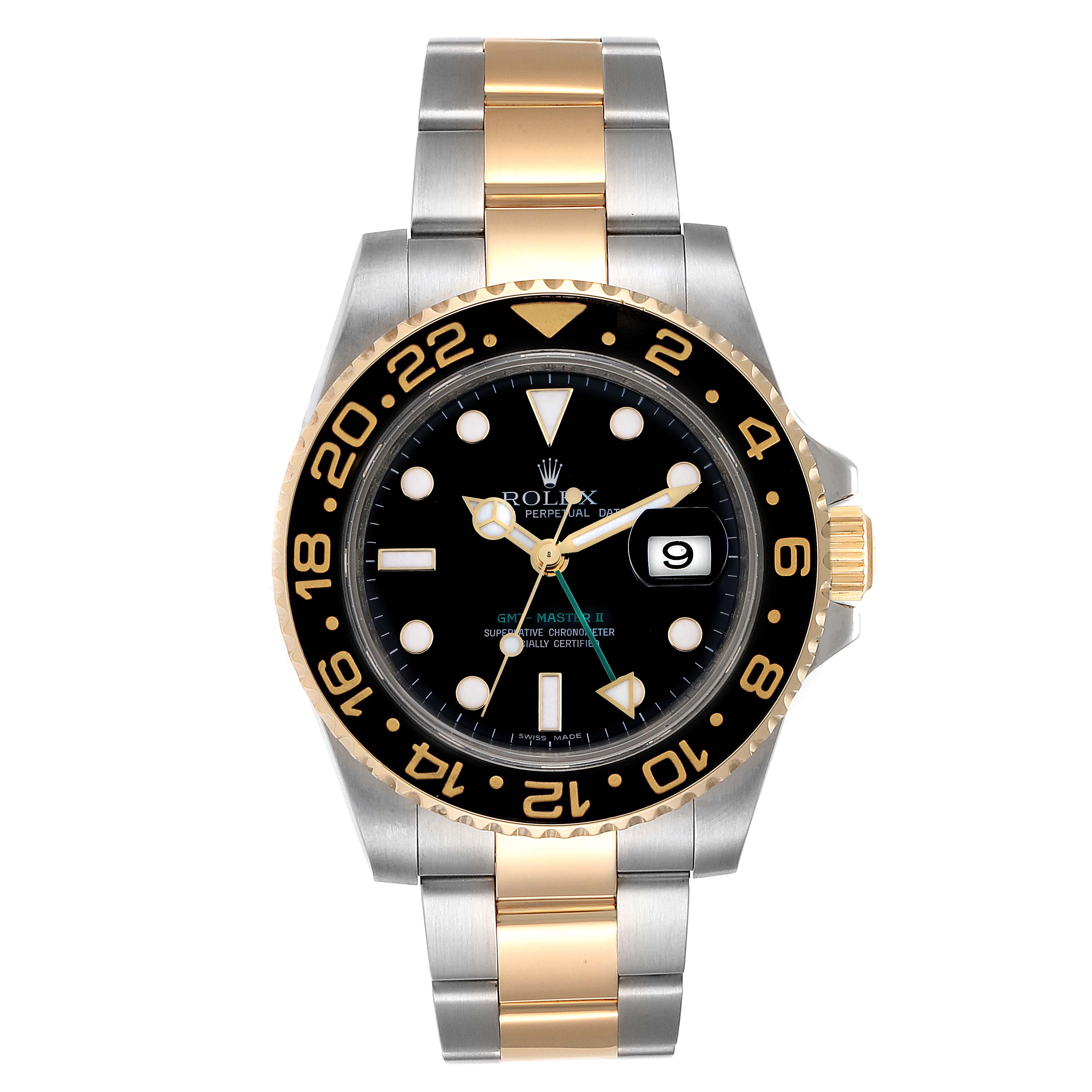 This image shows the front view of a Rolex GMT-Master 116713 Men's Steel and Gold (two tone) Black Dial 116713 Men's Steel and Gold (two tone) Black Dial II watch, highlighting its dial, bezel, and two-tone bracelet.