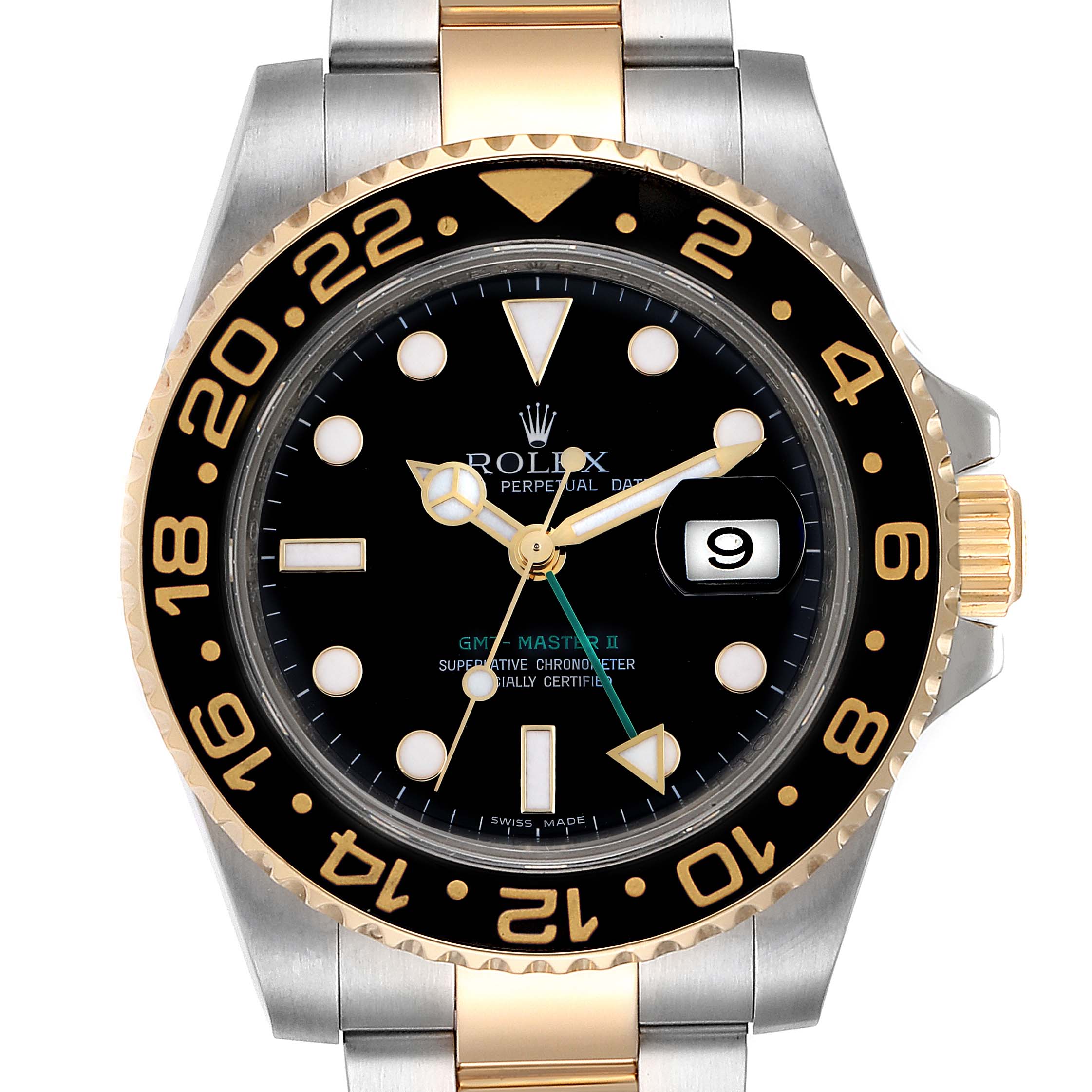 The image shows a front view of a Rolex GMT-Master 116713 Men's Steel and Gold (two tone) Black Dial 116713 Men's Steel and Gold (two tone) Black Dial II watch, highlighting the bezel, dial, hands, and bracelet.