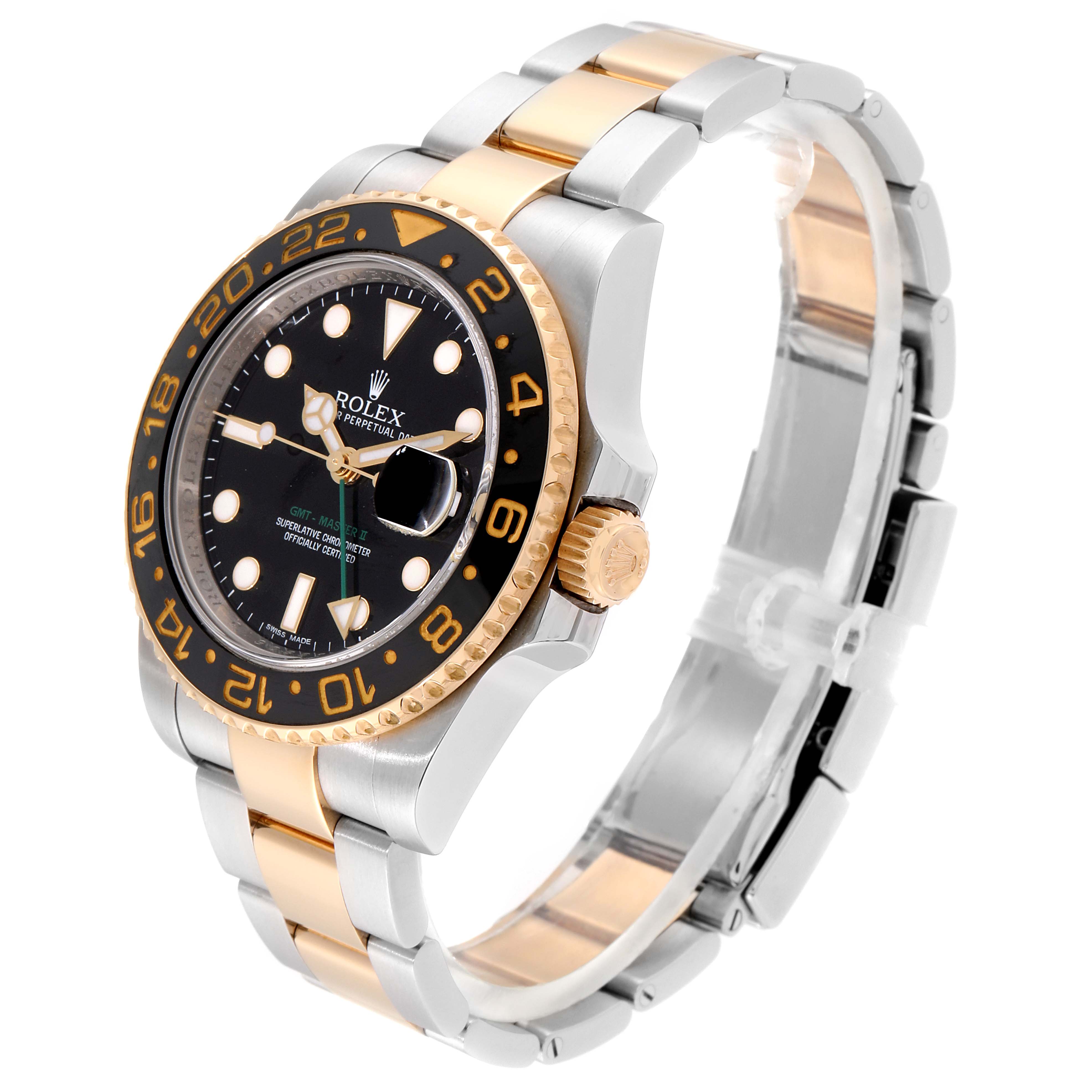 The image shows a Rolex GMT-Master 116713 Men
s Stainless Steel Black Dial 116713 Men
s Stainless Steel Black Dial watch angled to display the face, bezel, crown, and part of the bracelet.