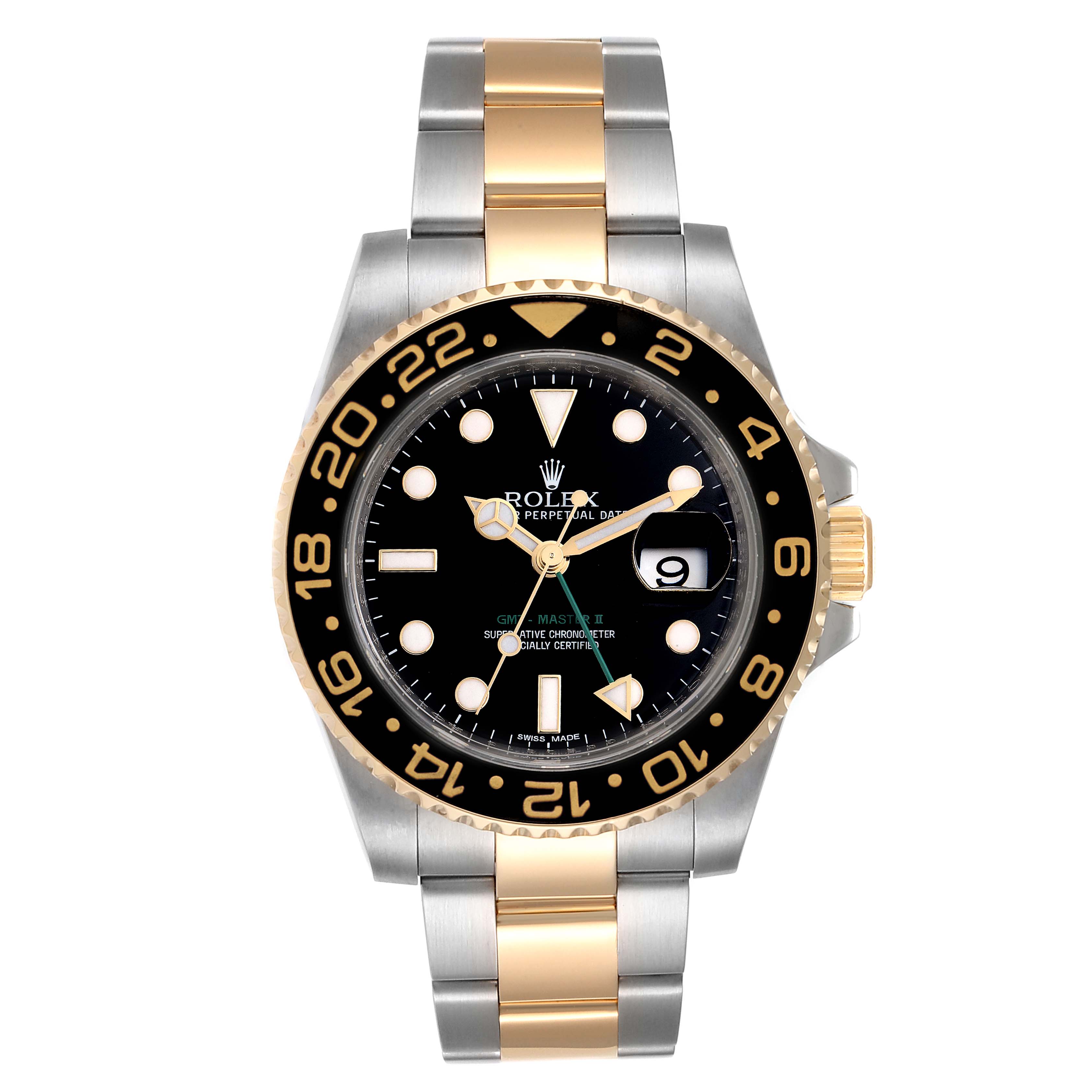 The image shows a front view of the Rolex GMT-Master 116713 Men
s Stainless Steel Black Dial 116713 Men
s Stainless Steel Black Dial watch, highlighting its dial, bezel, and two-tone bracelet.