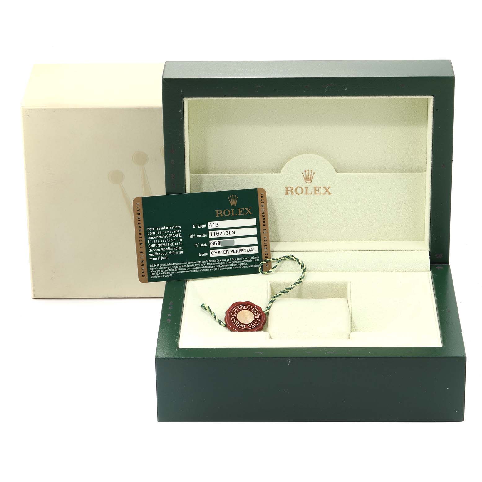 The image shows the packaging box, guarantee card, and tag for the Rolex GMT-Master 116713 Men
s Stainless Steel Black Dial 116713 Men
s Stainless Steel Black Dial watch.