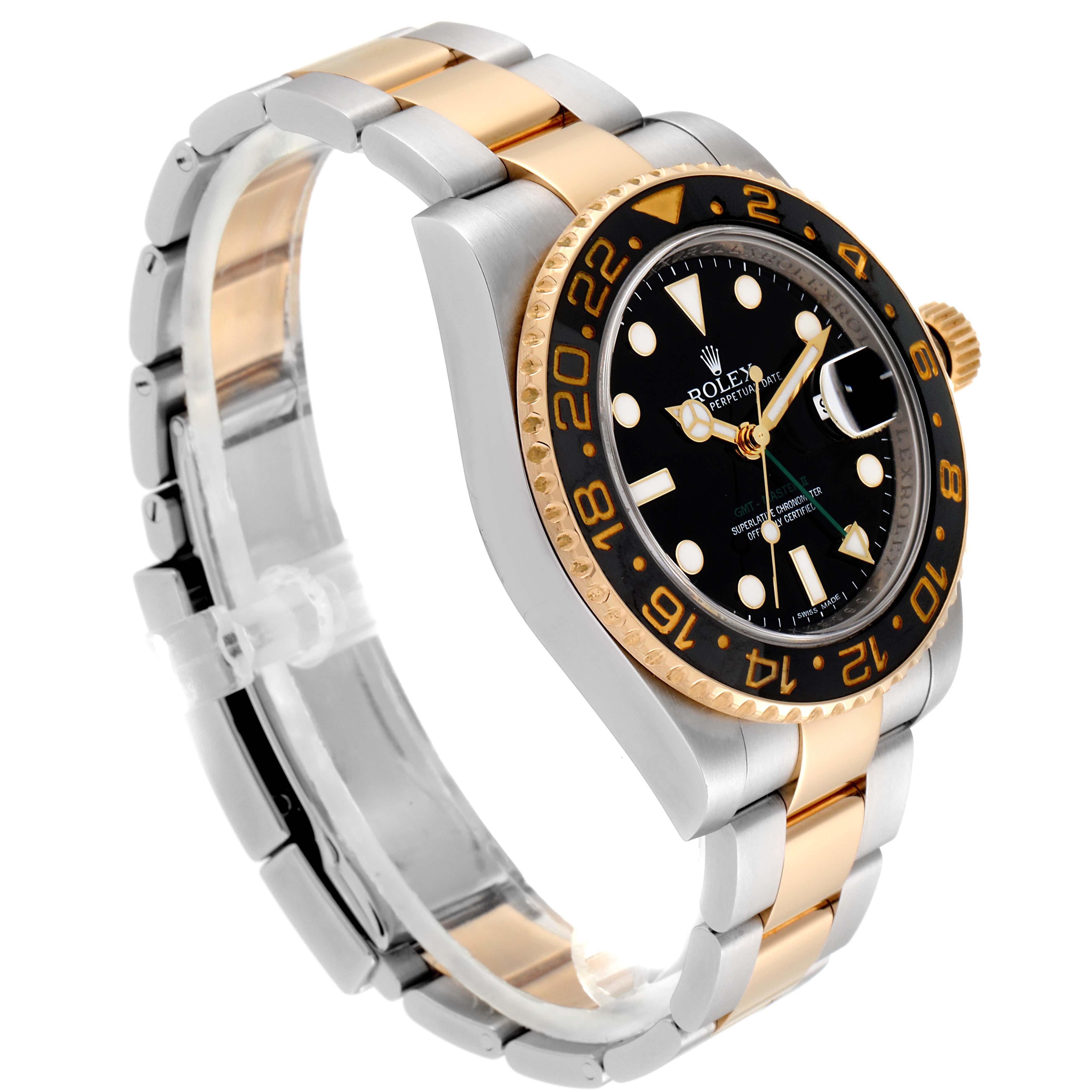 The Rolex GMT-Master 116713 Men
s Stainless Steel Black Dial 116713 Men
s Stainless Steel Black Dial watch is shown at a side angle featuring the bezel, dial, and two-tone bracelet.