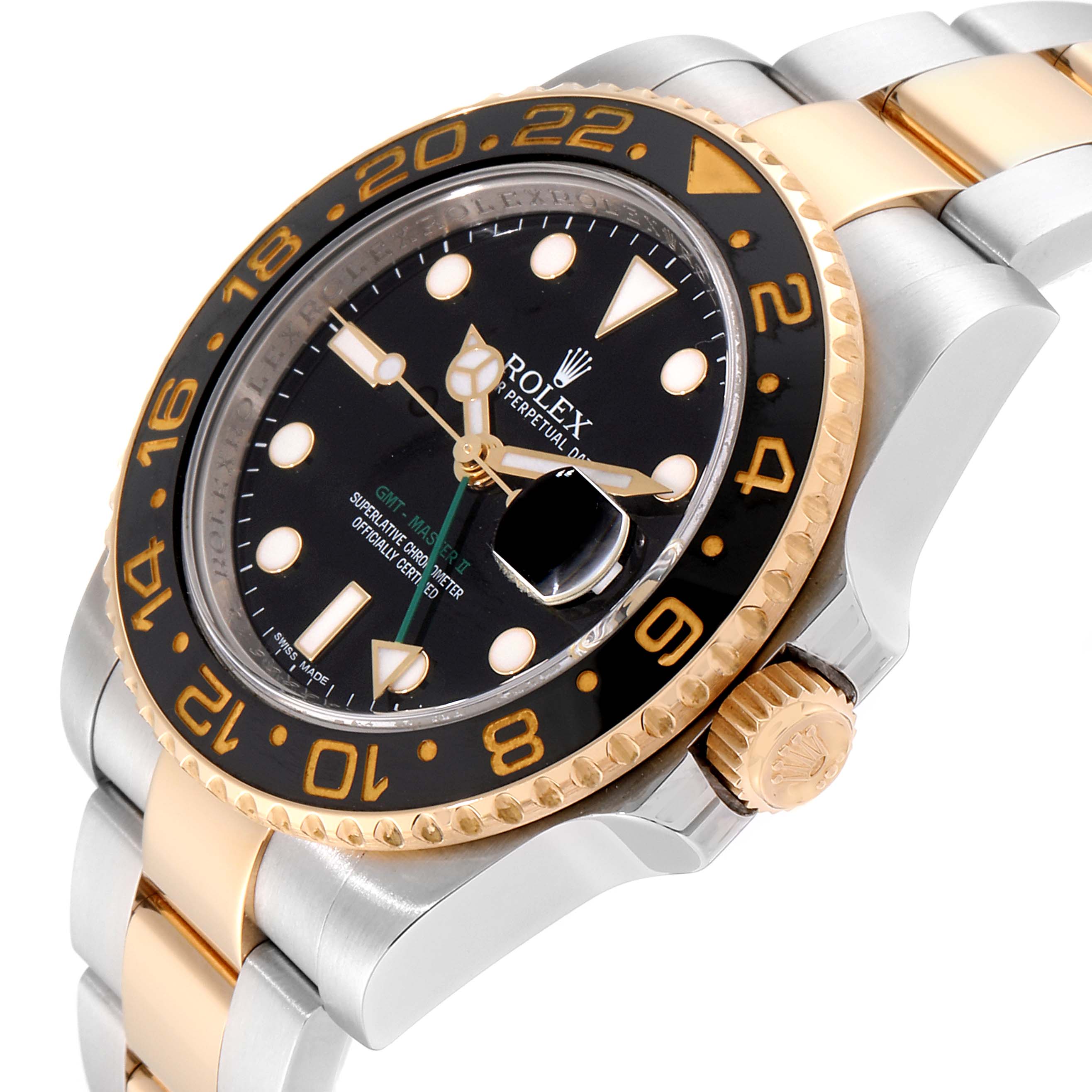 The image shows a close-up view of the Rolex GMT-Master 116713 Men
s Stainless Steel Black Dial 116713 Men
s Stainless Steel Black Dial watch, highlighting the bezel, crown, and part of the bracelet.