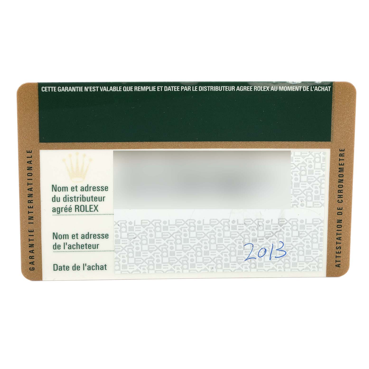 The image shows an international warranty card for the GMT-Master model by Rolex, including purchase details and certification information.