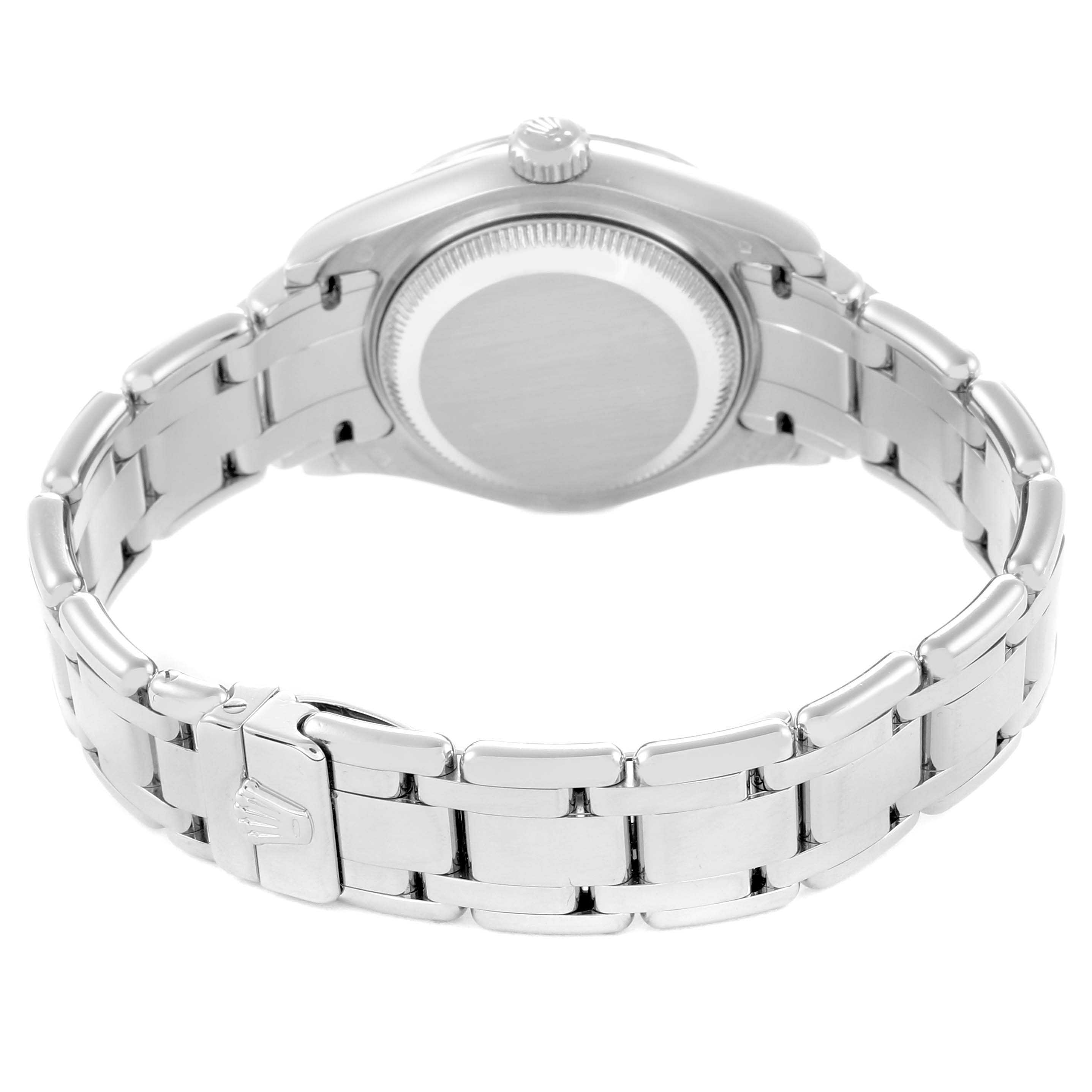 The image shows the back view of a Rolex Pearlmaster 80319 Women
s White Gold Mother of Pearl Dial, focusing on the bracelet and case back.