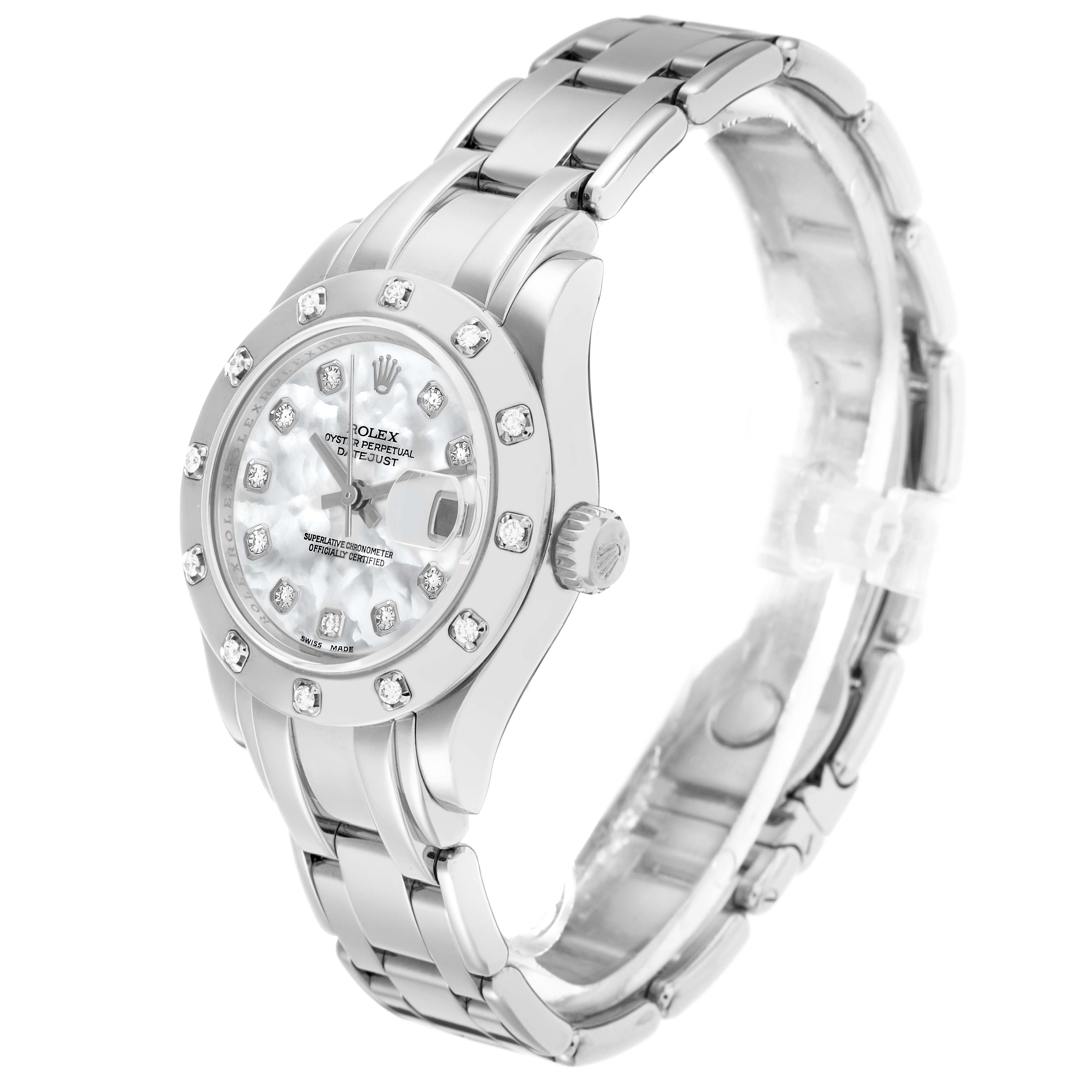The Rolex Pearlmaster 80319 Women
s White Gold Mother of Pearl Dial watch is shown from a three-quarter angle, displaying the face, bezel, bracelet, and crown.