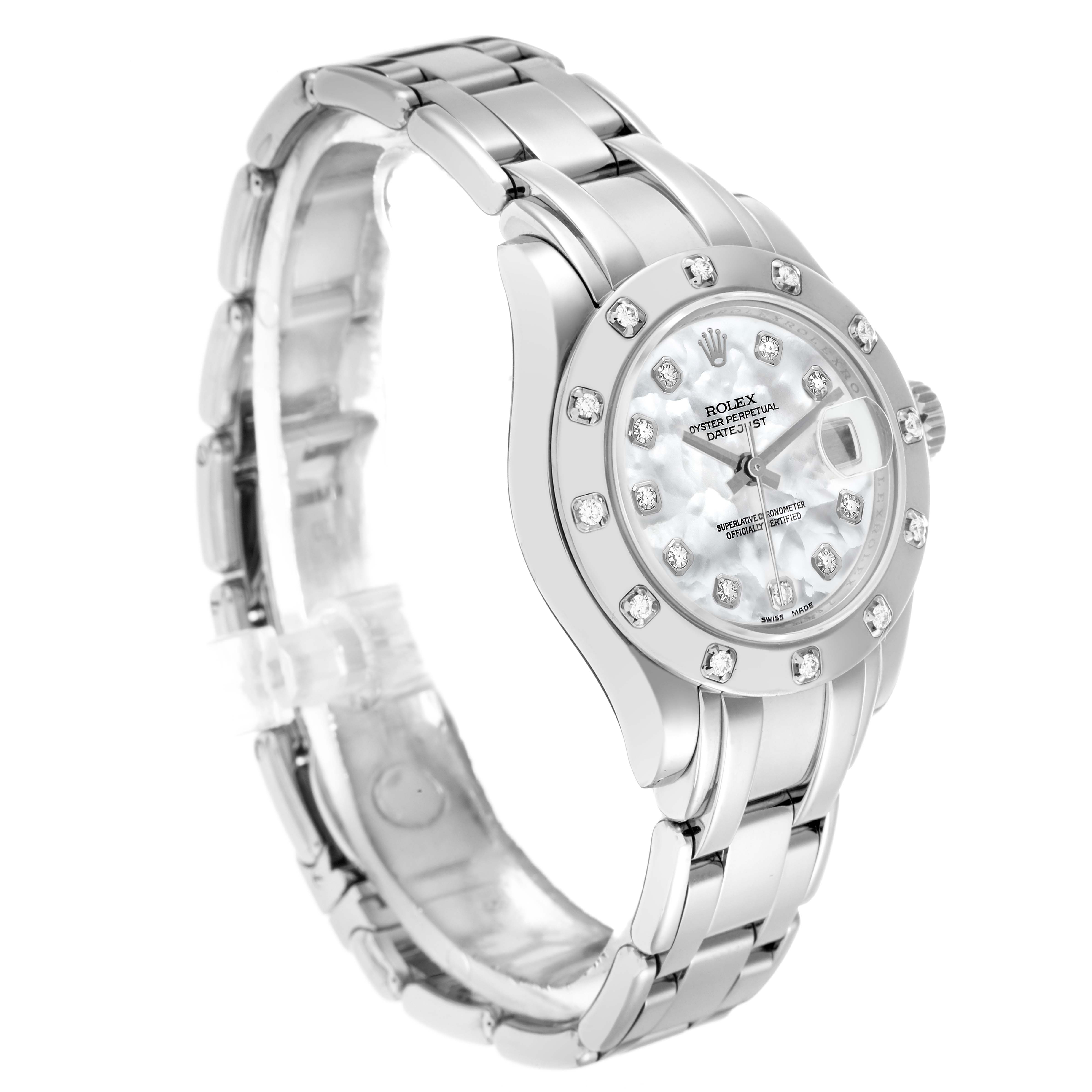 The Rolex Pearlmaster 80319 Women
s White Gold Mother of Pearl Dial watch is shown at a three-quarter angle, highlighting the face, bezel, and bracelet.