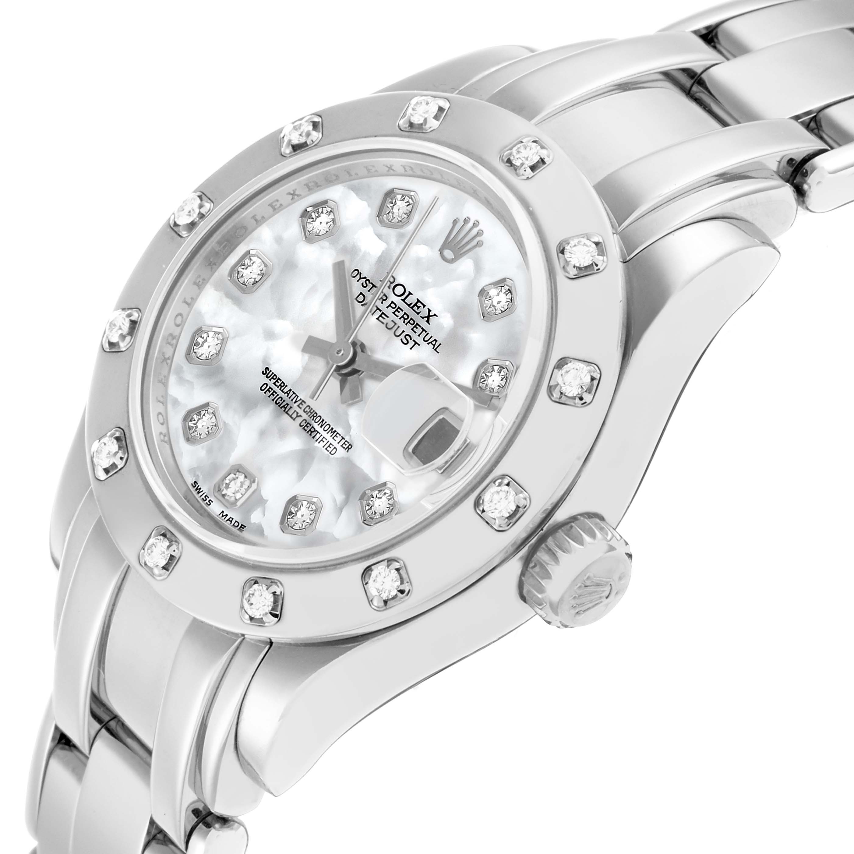The Rolex Pearlmaster 80319 Women
s White Gold Mother of Pearl Dial watch is shown at an angle highlighting its face, bezel, and bracelet with diamond hour markers.