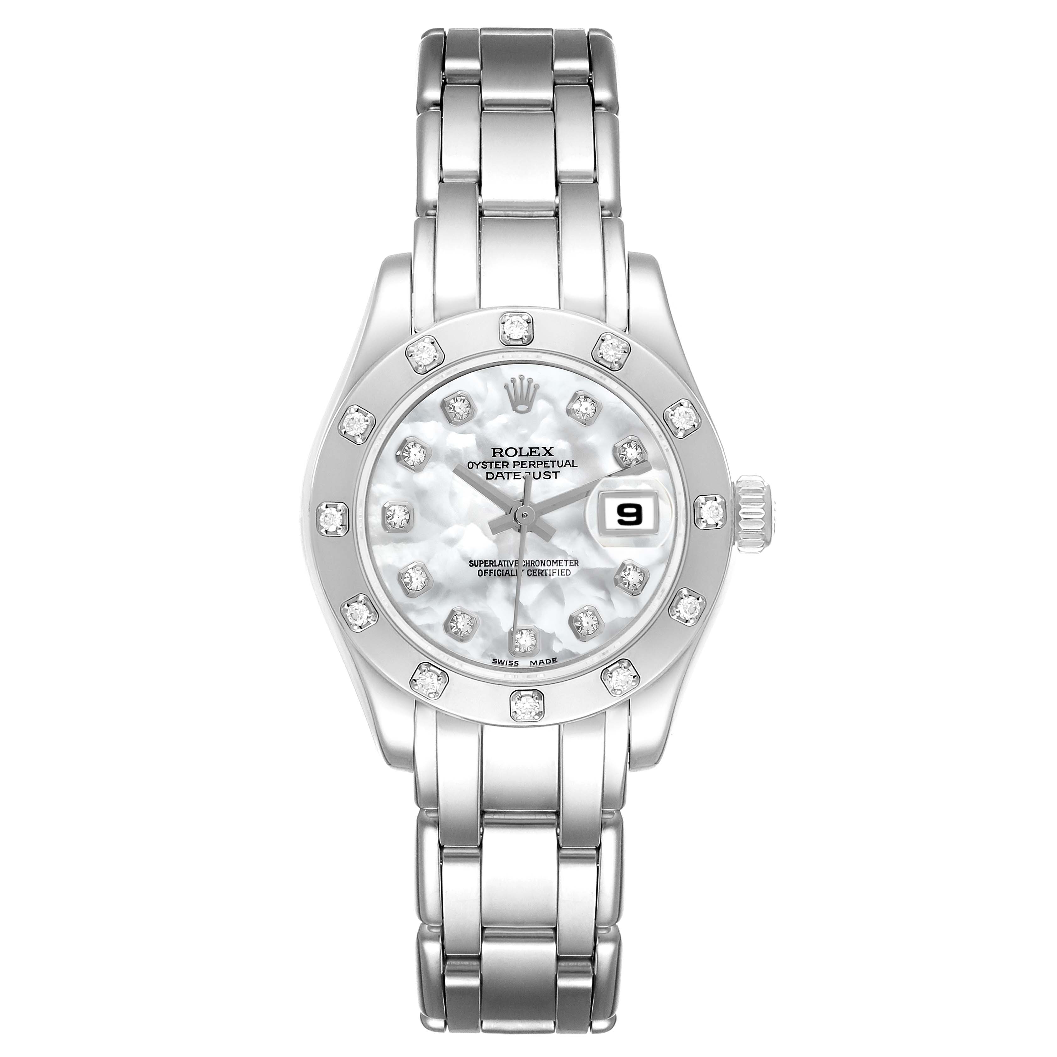 The Rolex Pearlmaster 80319 Women
s White Gold Mother of Pearl Dial watch is shown from a top-down angle, highlighting the dial, bracelet, and bezel with diamond accents.