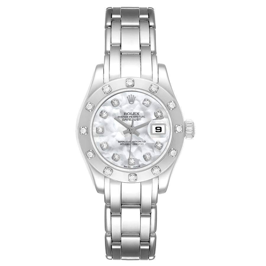 The Rolex Pearlmaster 80319 Women's White Gold Mother of Pearl Dial watch is shown from a top-down angle, highlighting the dial, bracelet, and bezel with diamond accents.