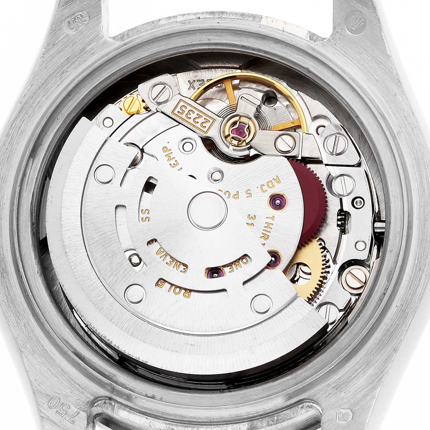 The image shows an overhead view of the Rolex Pearlmaster 80319 Women
s White Gold Mother of Pearl Dial watch
s internal mechanism.