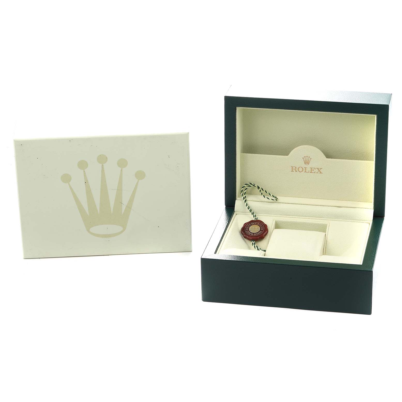 The image shows the open box and packaging for a Rolex Pearlmaster 80319 Women
s White Gold Mother of Pearl Dial watch, featuring a watch tag and branding elements.