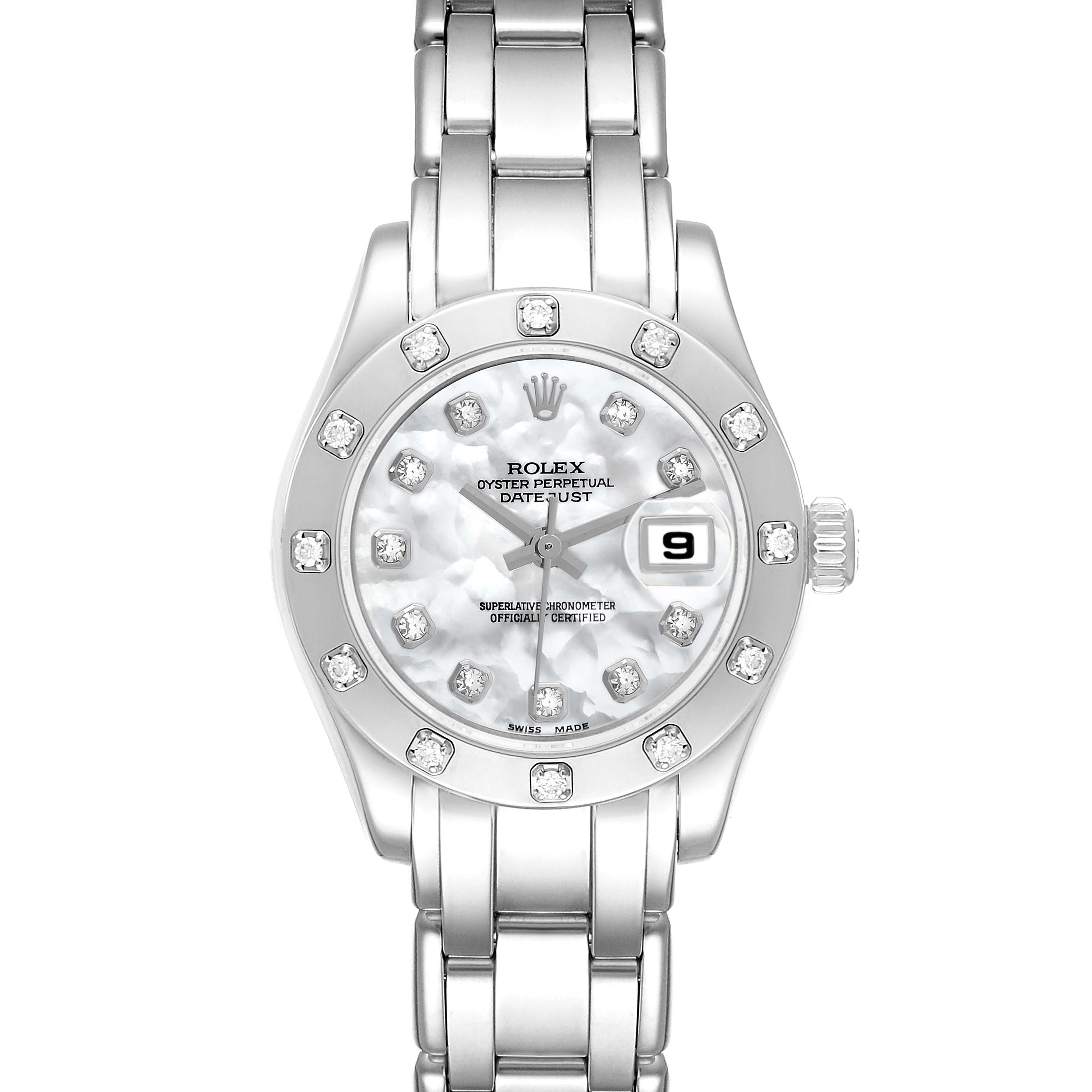 The image shows a frontal view of the Rolex Pearlmaster 80319 Women
s White Gold Mother of Pearl Dial watch, highlighting its face, bezel, and part of the bracelet.