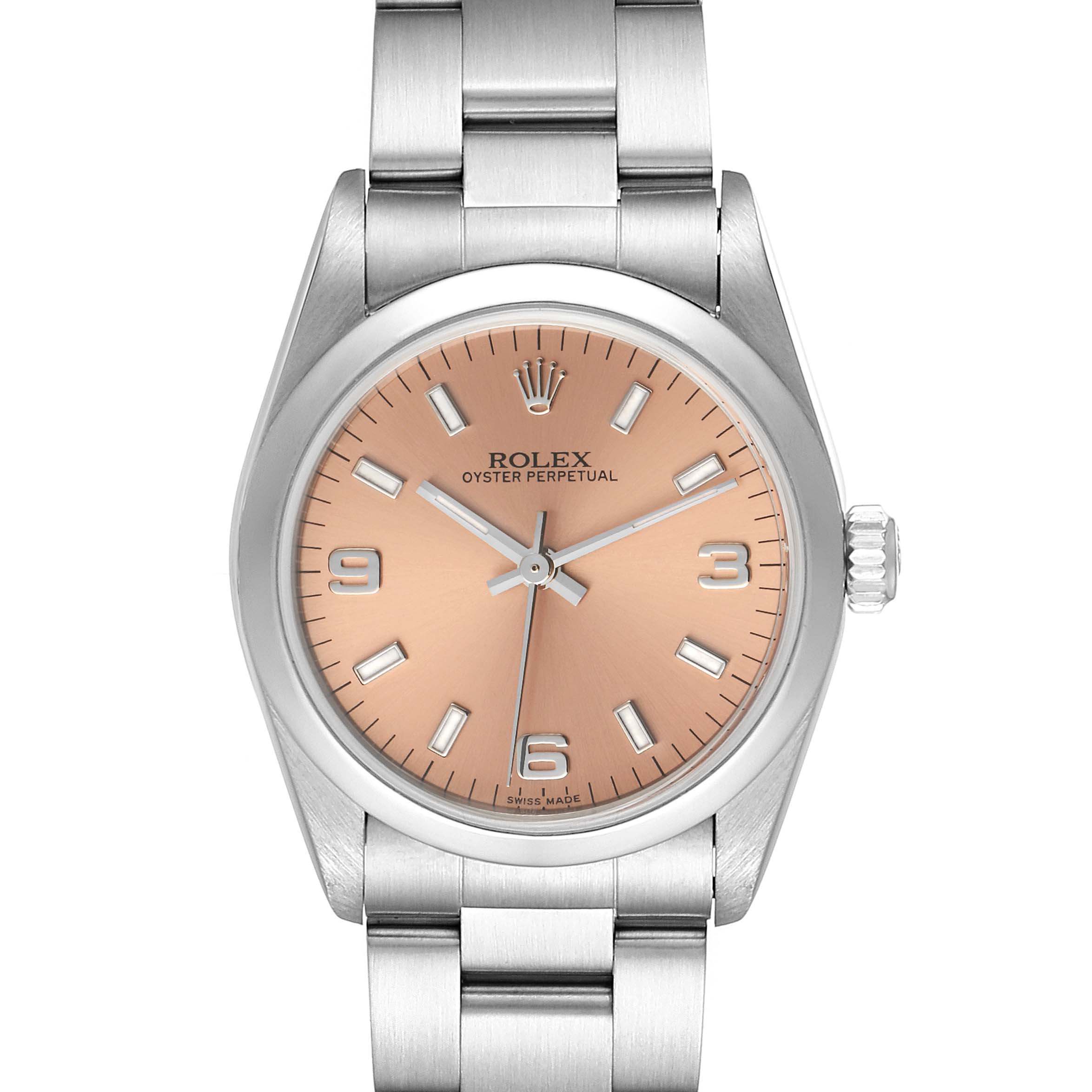 This image shows the Rolex Mid-Size 77080 Women's Stainless Steel Pink Dial 77080 Women's Stainless Steel Pink Dial Oyster Perpetual watch from a front angle, highlighting the dial, case, and bracelet.
