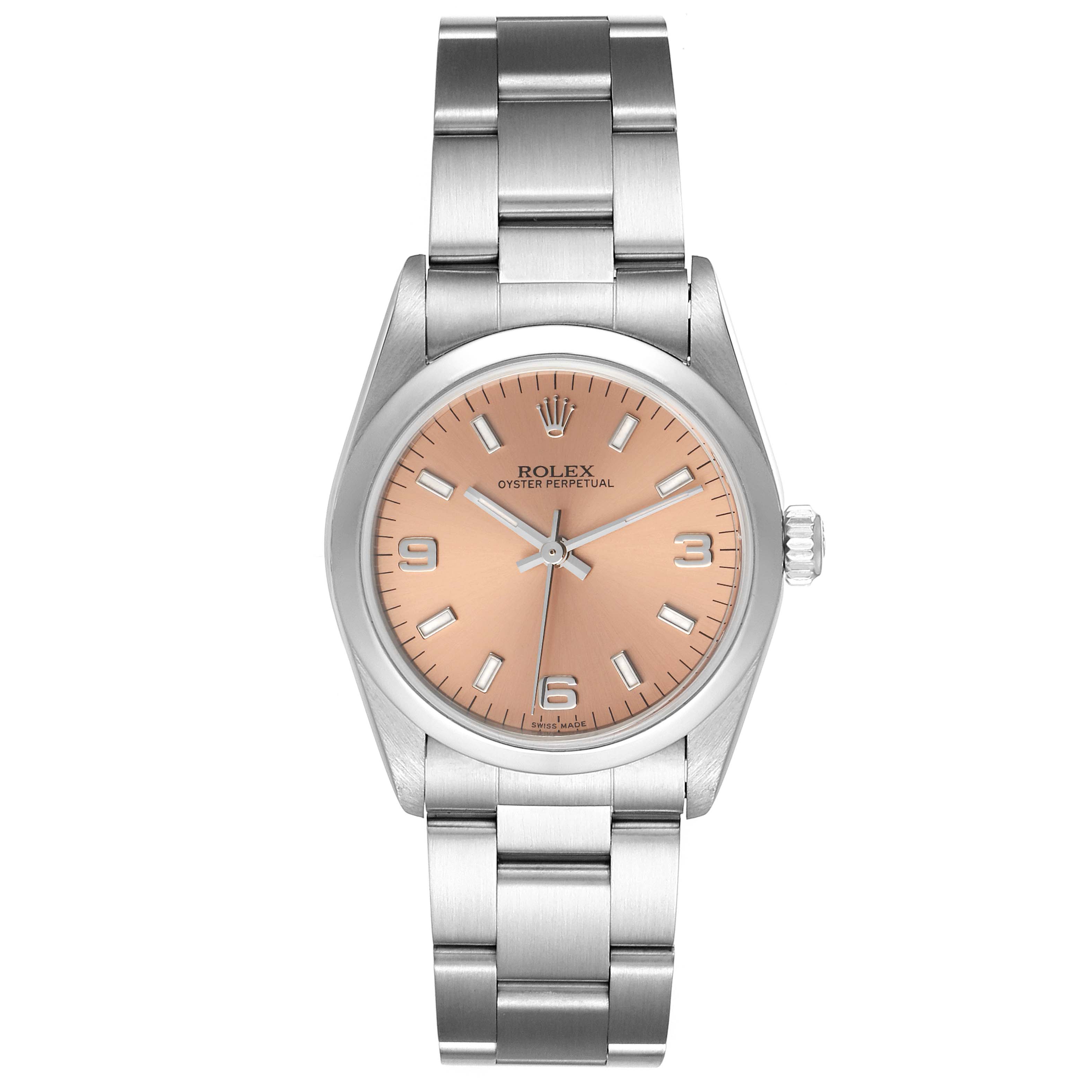 This image shows a frontal view of the Rolex Mid-Size 77080 Women's Stainless Steel Pink Dial 77080 Women's Stainless Steel Pink Dial Oyster Perpetual watch, highlighting its dial, casing, and bracelet.