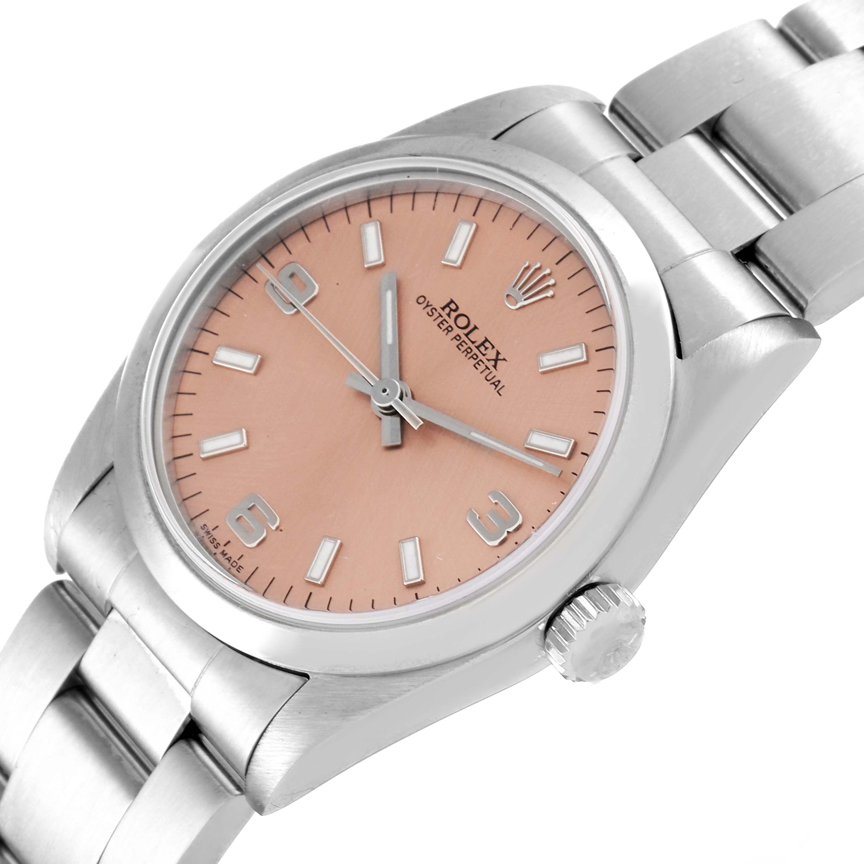 The image shows a top-down view of a Rolex Mid-Size 77080 Women's Stainless Steel Pink Dial 77080 Women's Stainless Steel Pink Dial Oyster Perpetual watch displaying its dial, case, and part of the bracelet.