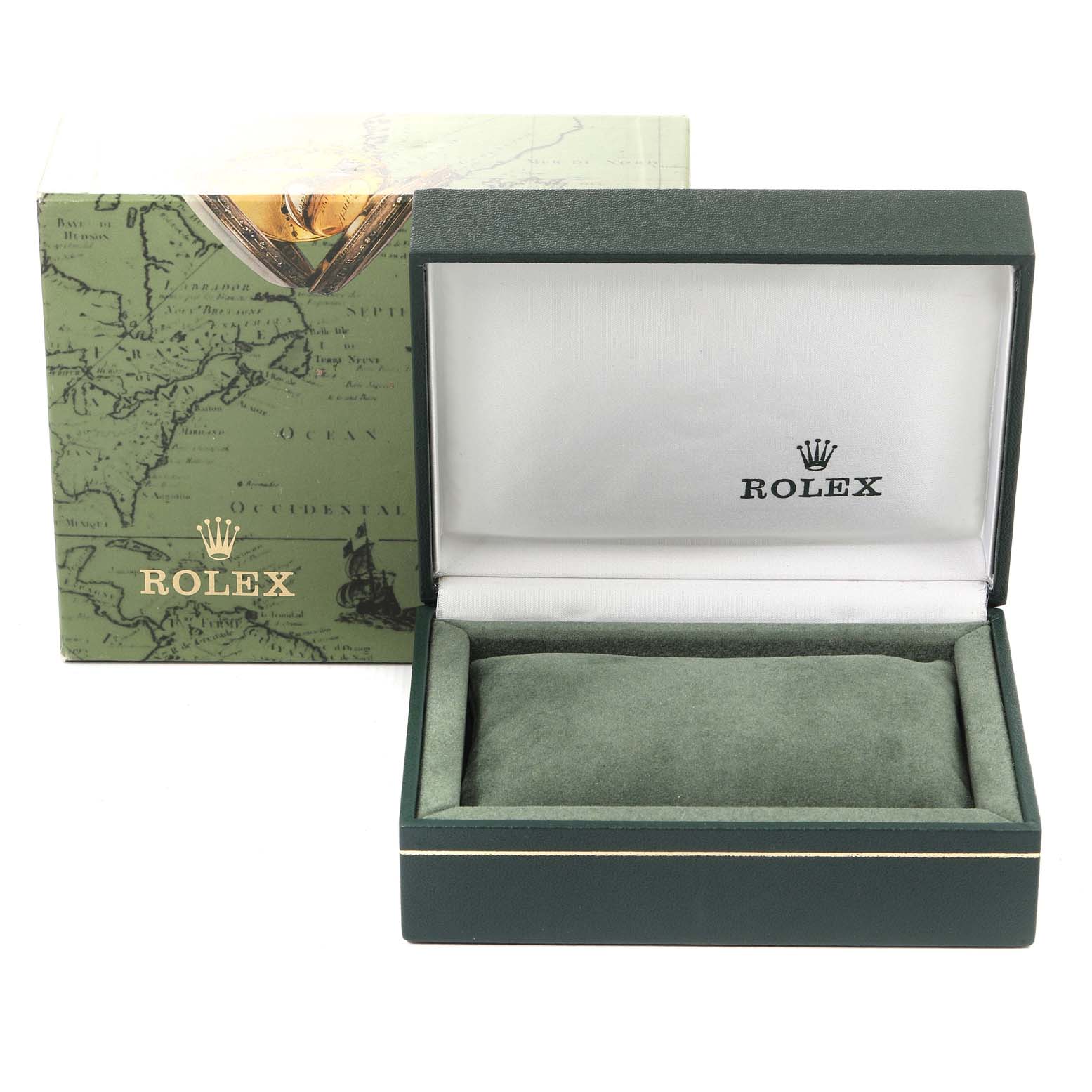 The image shows the open box and the outer packaging for a Rolex Mid-Size 77080 Women's Stainless Steel Pink Dial 77080 Women's Stainless Steel Pink Dial model.