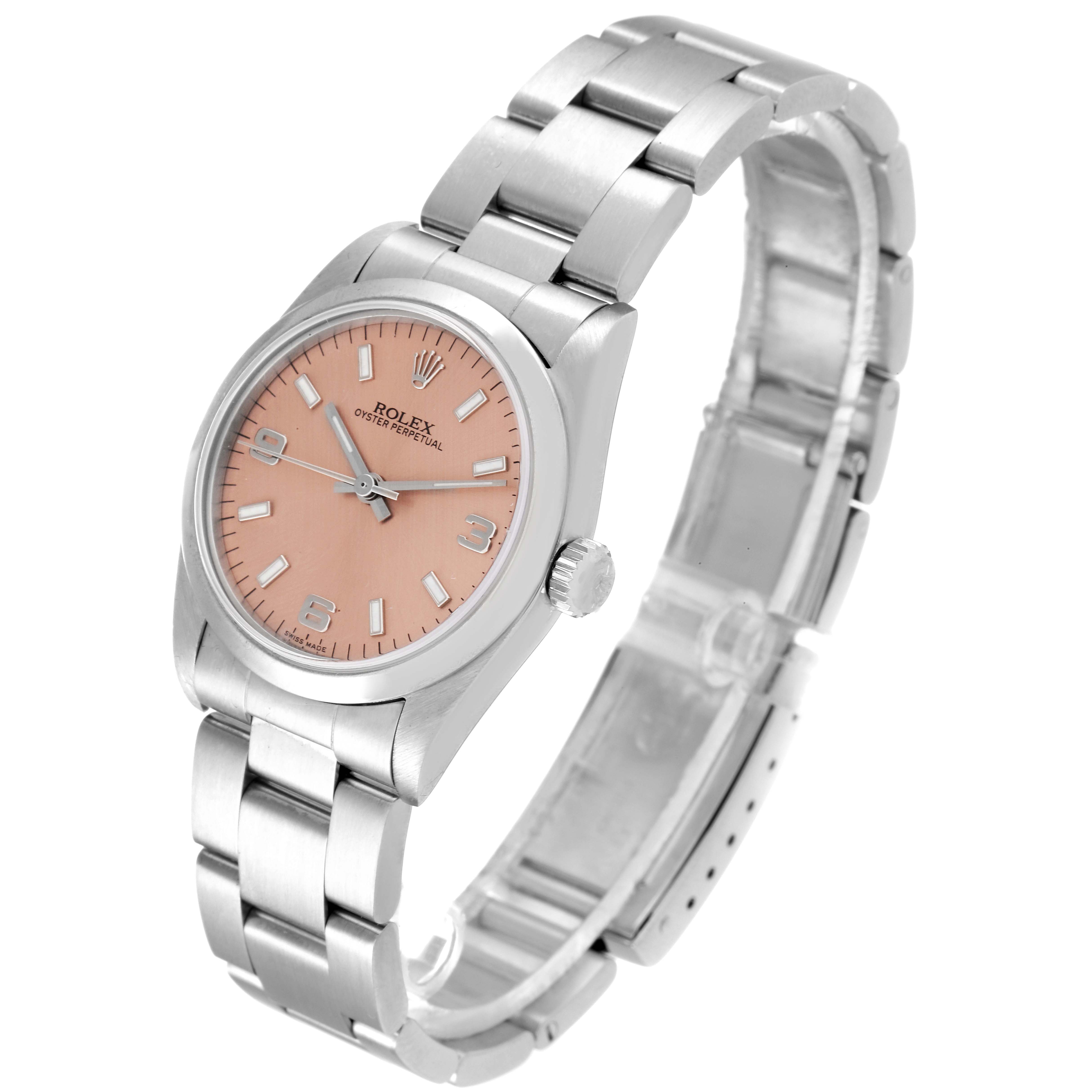 This image features a Rolex Mid-Size 77080 Women's Stainless Steel Pink Dial 77080 Women's Stainless Steel Pink Dial Oyster Perpetual watch shown in a three-quarter angle highlighting its pink dial, stainless-steel case, and bracelet.