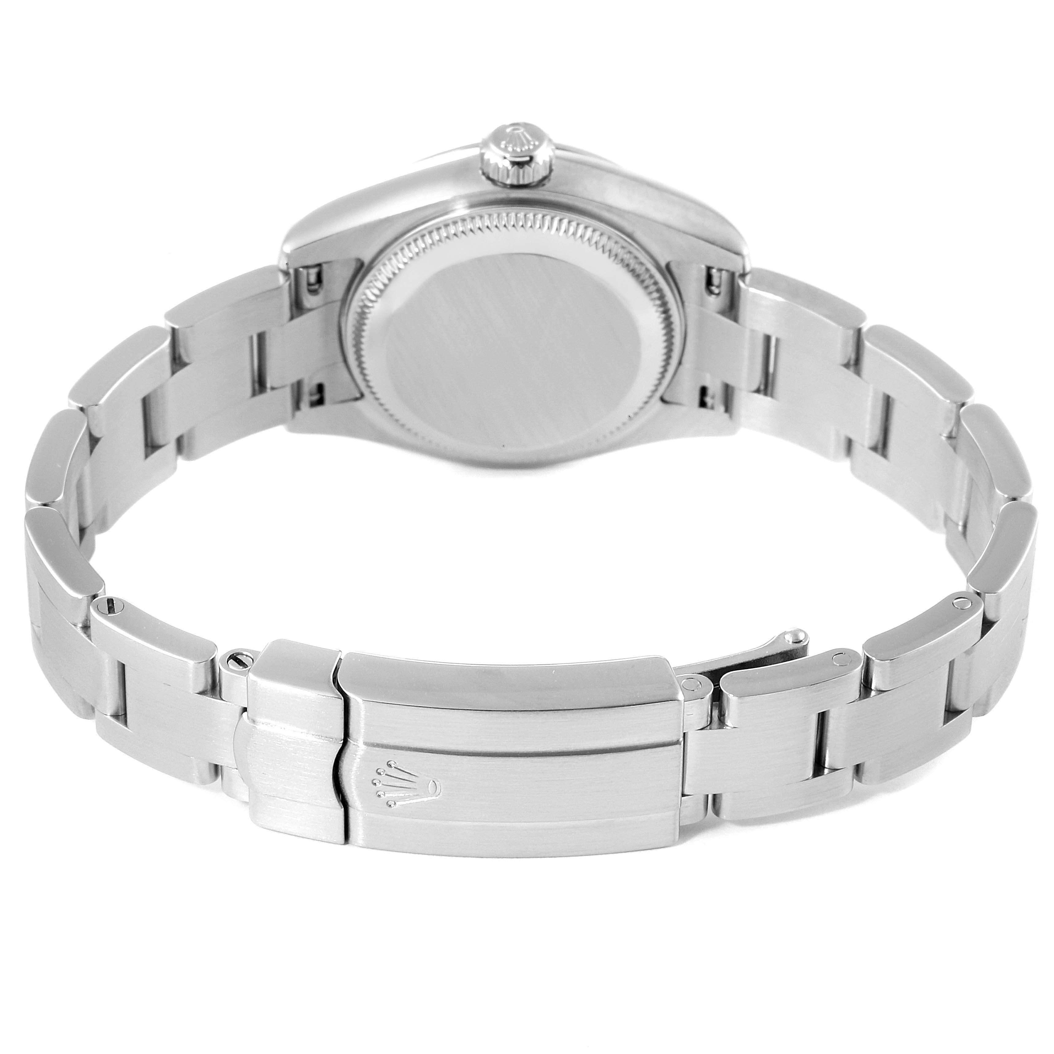 This image shows the back angle of a Rolex Oyster Perpetual 176200 Women's Stainless Steel Black Dial 176200 Women's Stainless Steel Black Dial watch, highlighting the stainless steel case back and clasp.