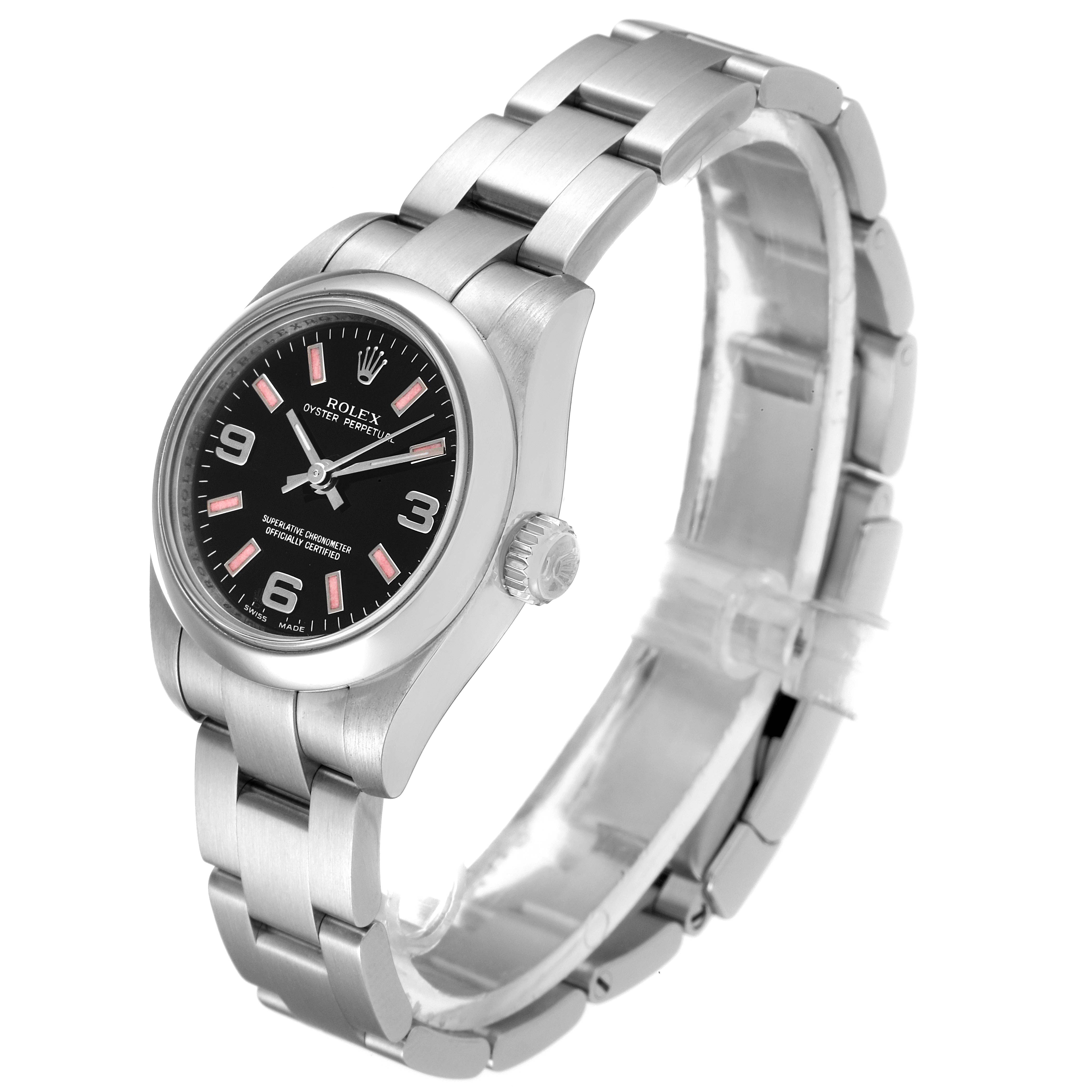 This image shows a Rolex Oyster Perpetual 176200 Women's Stainless Steel Black Dial 176200 Women's Stainless Steel Black Dial watch at a slight angle, highlighting the black dial, silver bracelet, and crown.