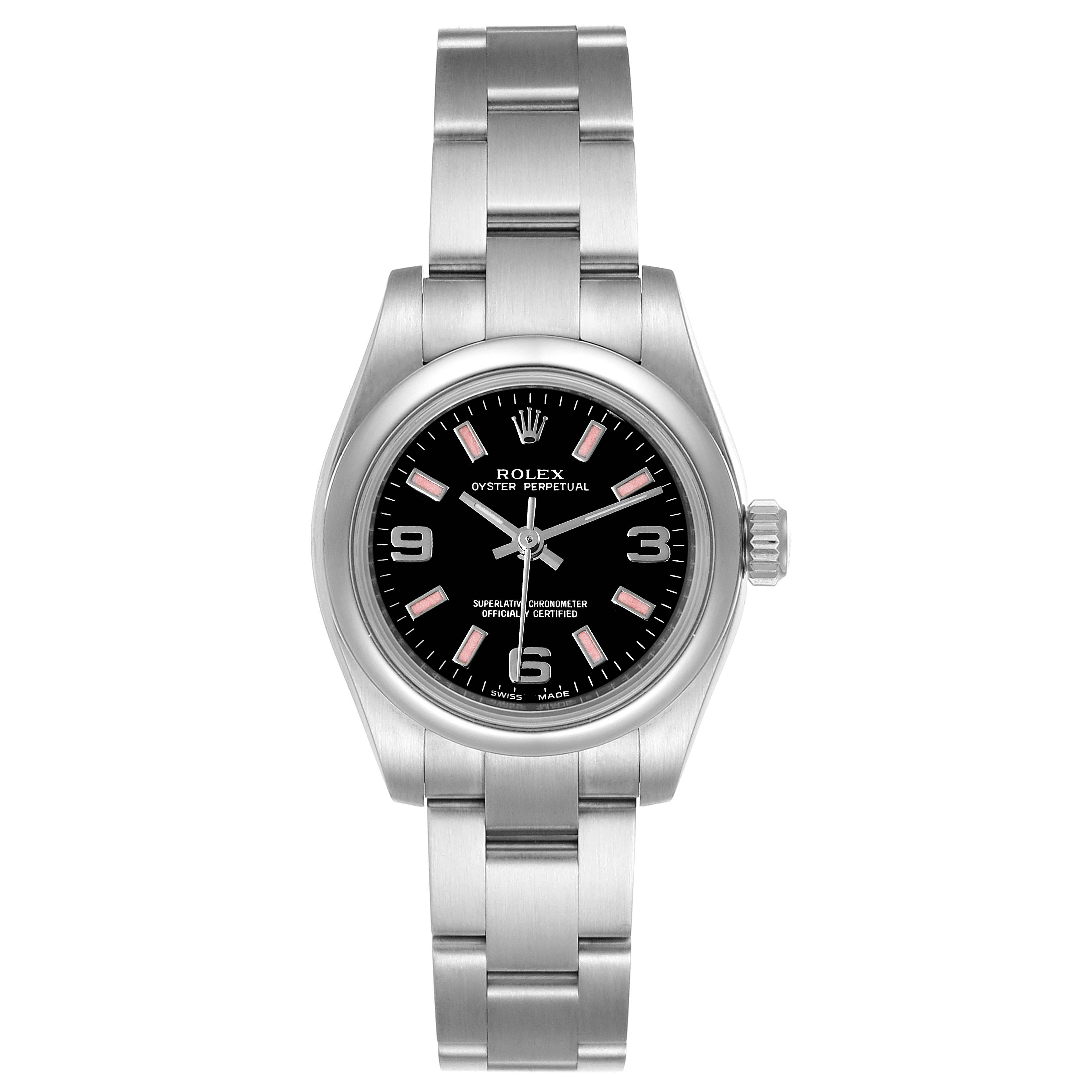This image displays a frontal view of a Rolex Oyster Perpetual 176200 Women's Stainless Steel Black Dial 176200 Women's Stainless Steel Black Dial watch, featuring its dial, bezel, case, crown, and bracelet.