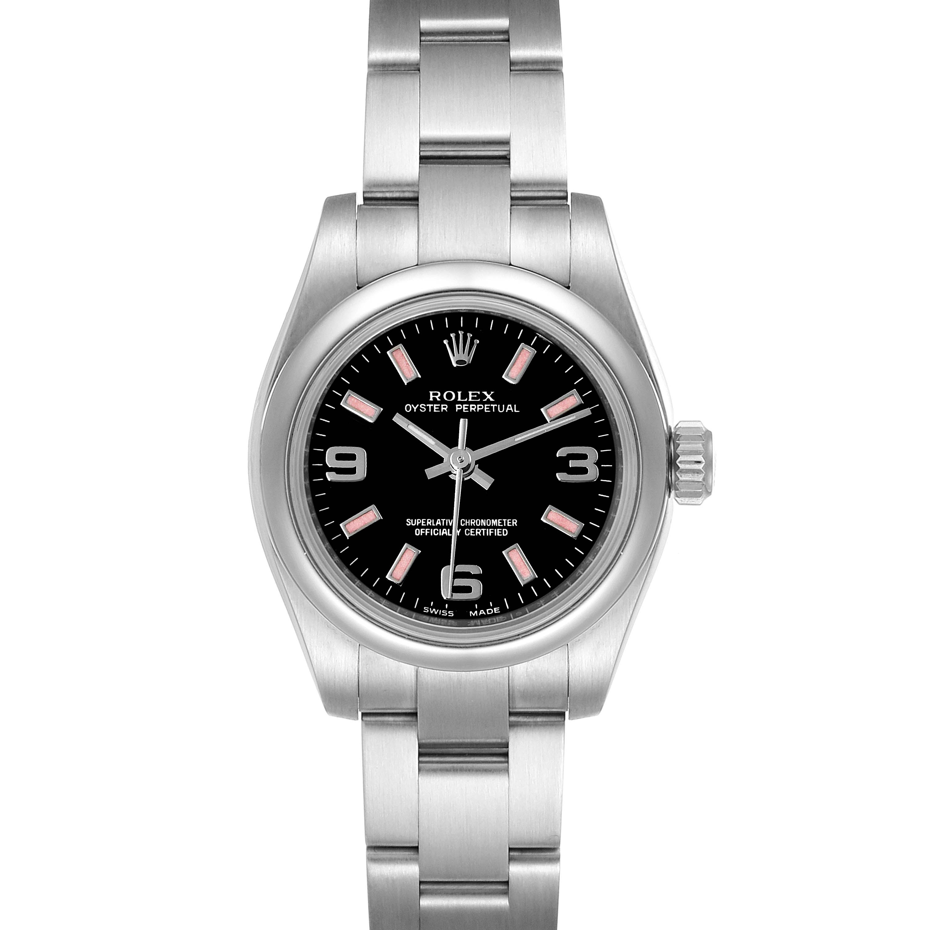 This image shows a front view of a Rolex Oyster Perpetual 176200 Women's Stainless Steel Black Dial 176200 Women's Stainless Steel Black Dial watch, highlighting its black dial and stainless steel bracelet.