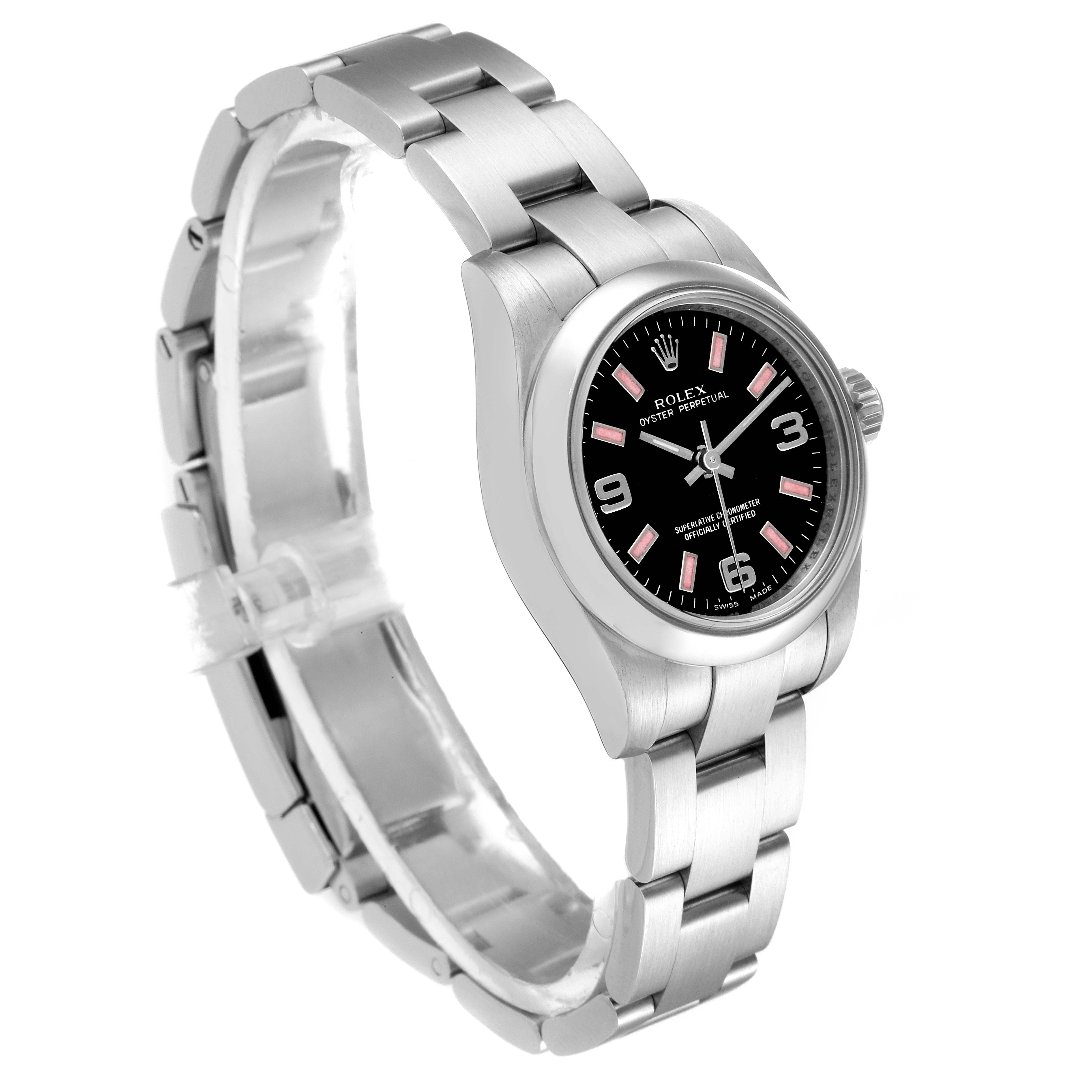 The Rolex Oyster Perpetual 176200 Women's Stainless Steel Black Dial 176200 Women's Stainless Steel Black Dial watch is shown from a front angle, displaying the face, bezel, crown, and bracelet.