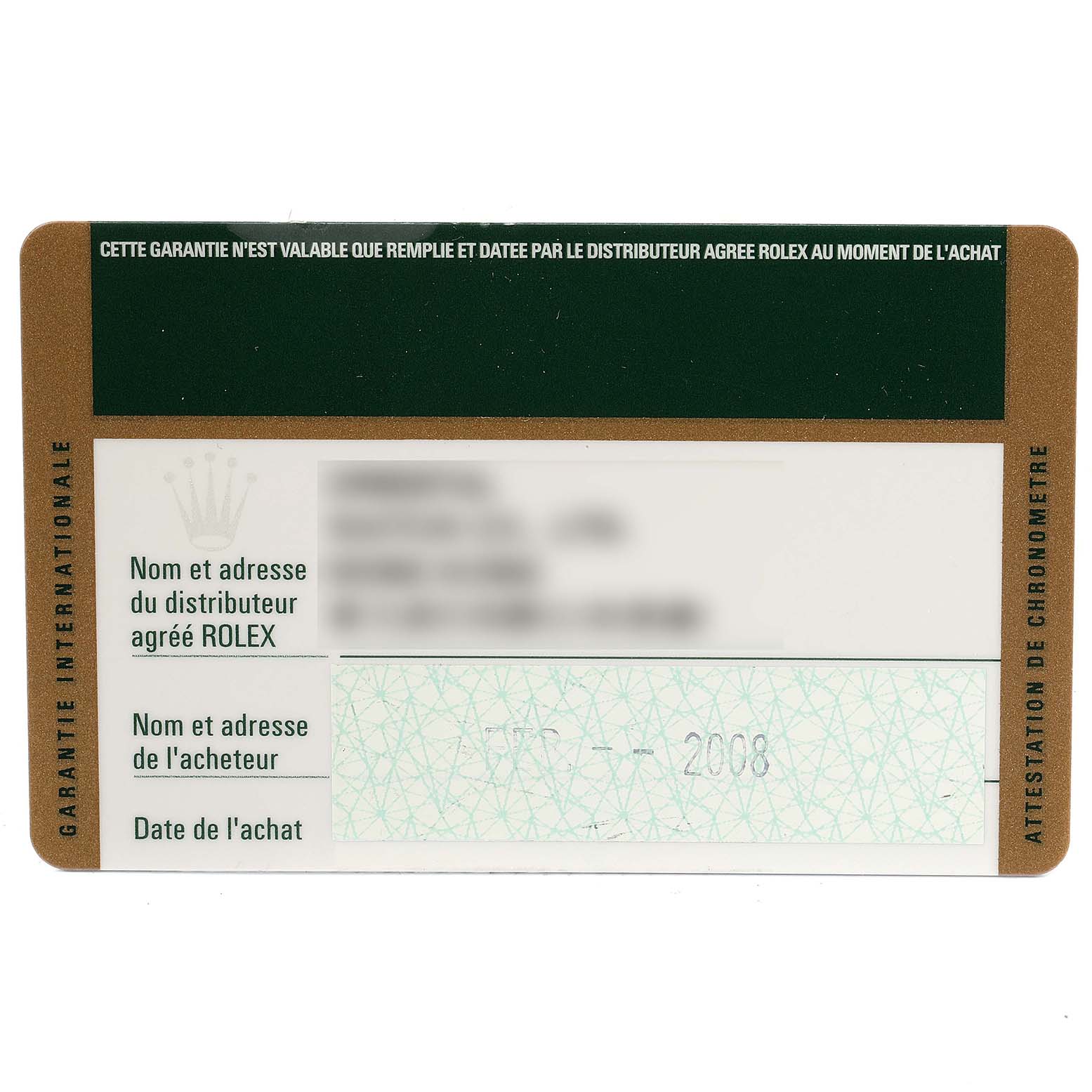 This is a warranty card for a Rolex Oyster Perpetual 176200 Women's Stainless Steel Black Dial 176200 Women's Stainless Steel Black Dial watch, showing distributor and purchaser details along with the date of purchase.