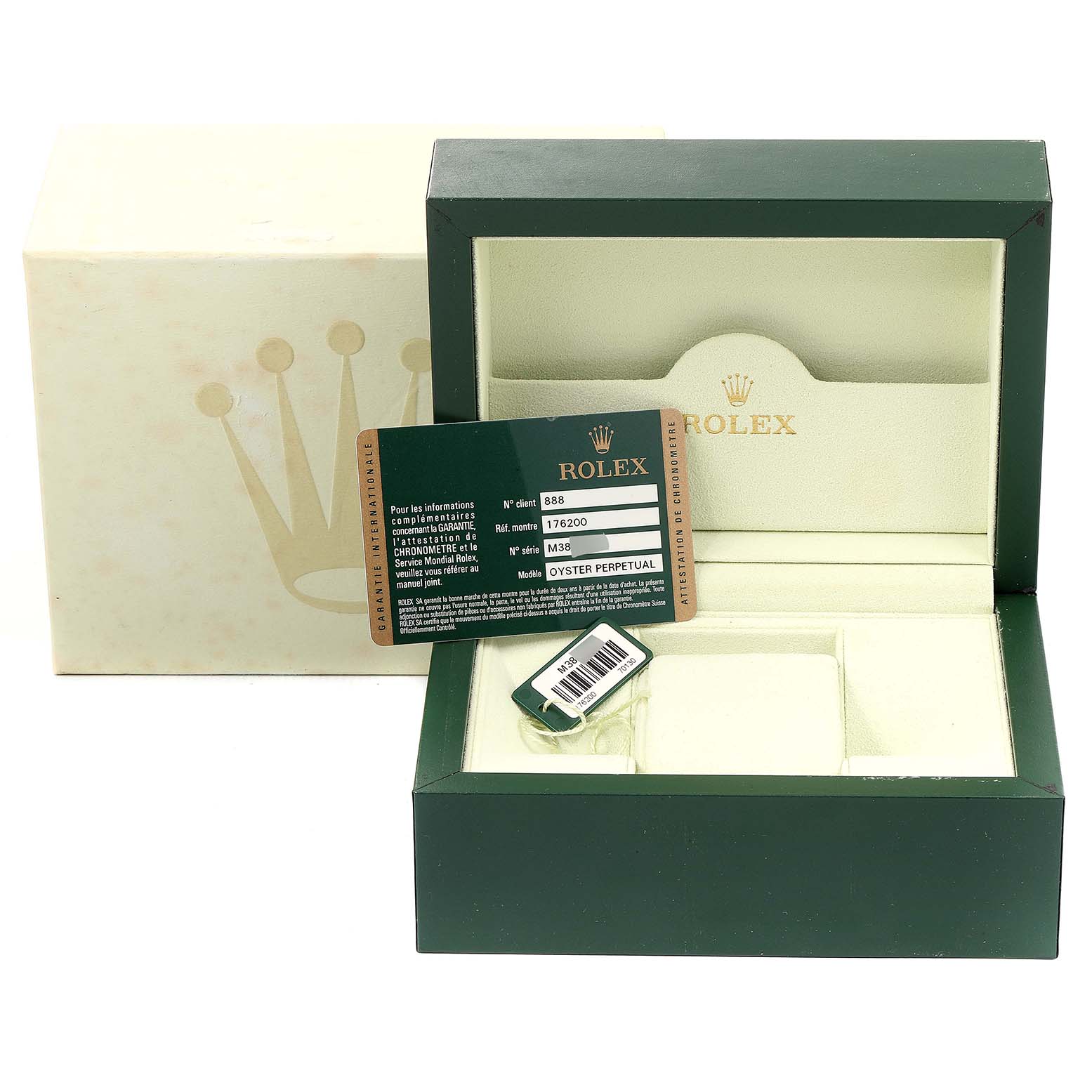 This image shows the packaging, warranty card, and storage box for a Rolex Oyster Perpetual 176200 Women's Stainless Steel Black Dial 176200 Women's Stainless Steel Black Dial model.
