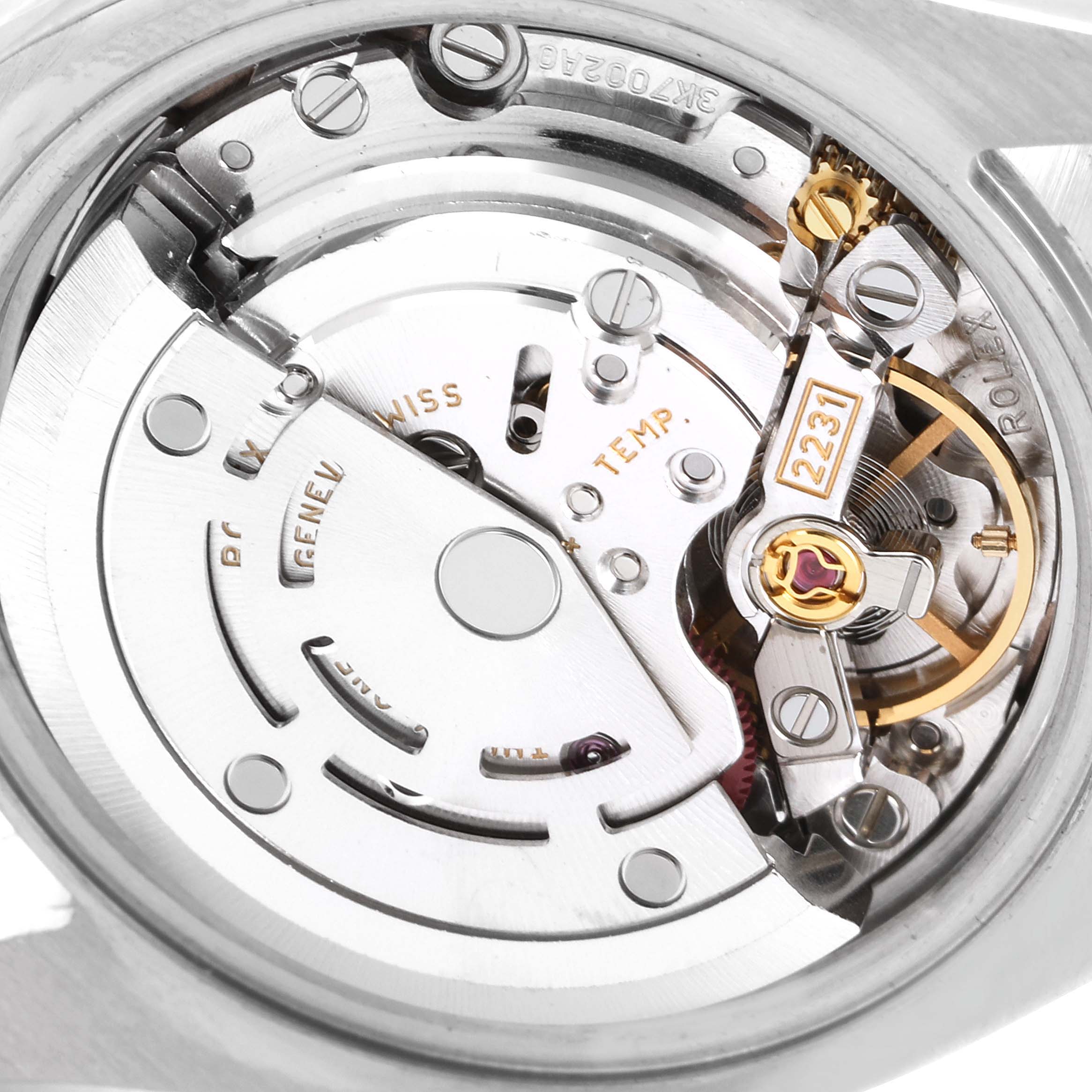 This image shows the movement mechanism of the Rolex Oyster Perpetual 176200 Women
s Stainless Steel Pink Dial 176200 Women
s Stainless Steel Pink Dial watch at a close-up angle.