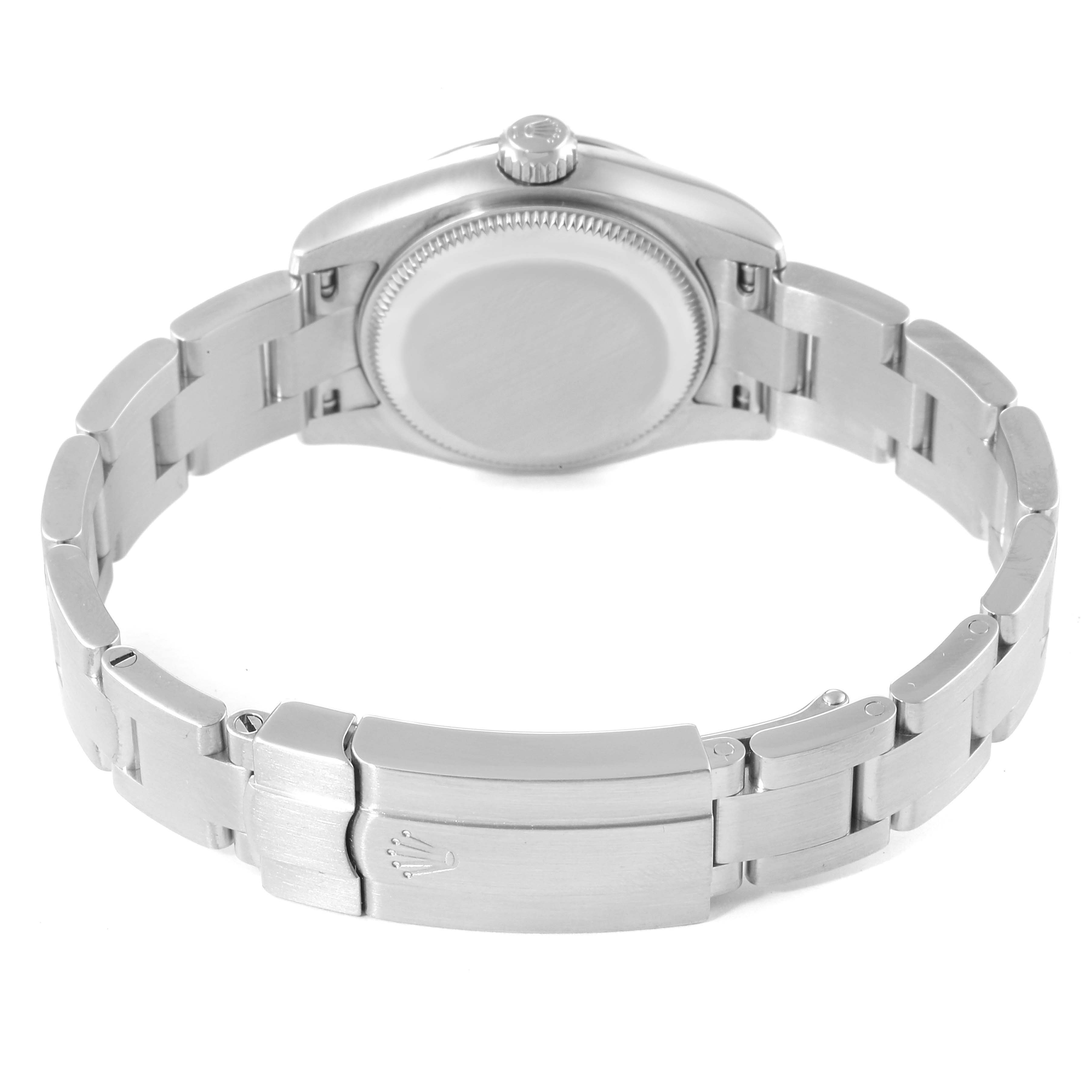 This image shows the back view of the Rolex Oyster Perpetual 176200 Women
s Stainless Steel Pink Dial 176200 Women
s Stainless Steel Pink Dial watch, highlighting the case back and bracelet with clasp.