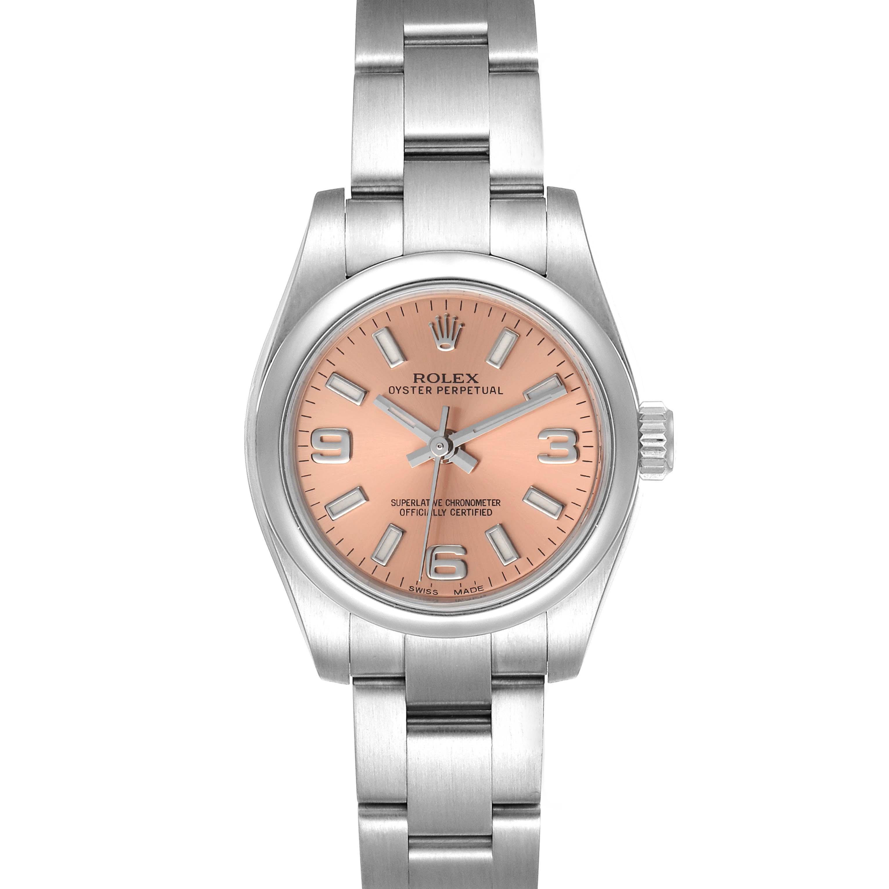 This image shows a frontal view of a Rolex Oyster Perpetual 176200 Women
s Stainless Steel Pink Dial 176200 Women
s Stainless Steel Pink Dial watch, highlighting its dial, bracelet, and bezel.