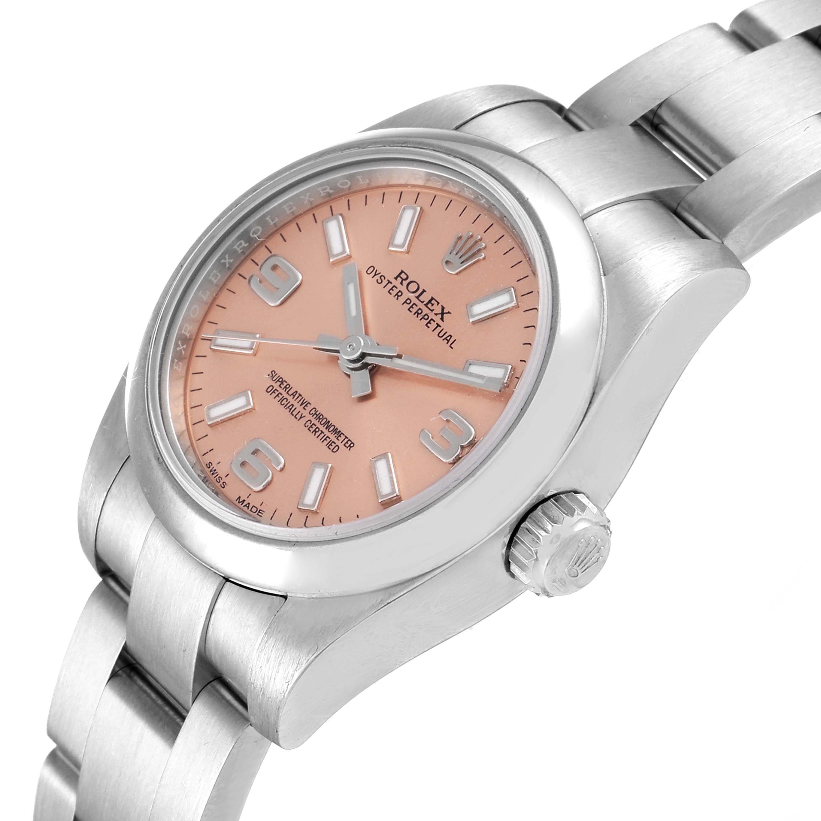 The Oyster Perpetual Rolex watch is shown at an angle highlighting its case, crown, bracelet, and dial.
