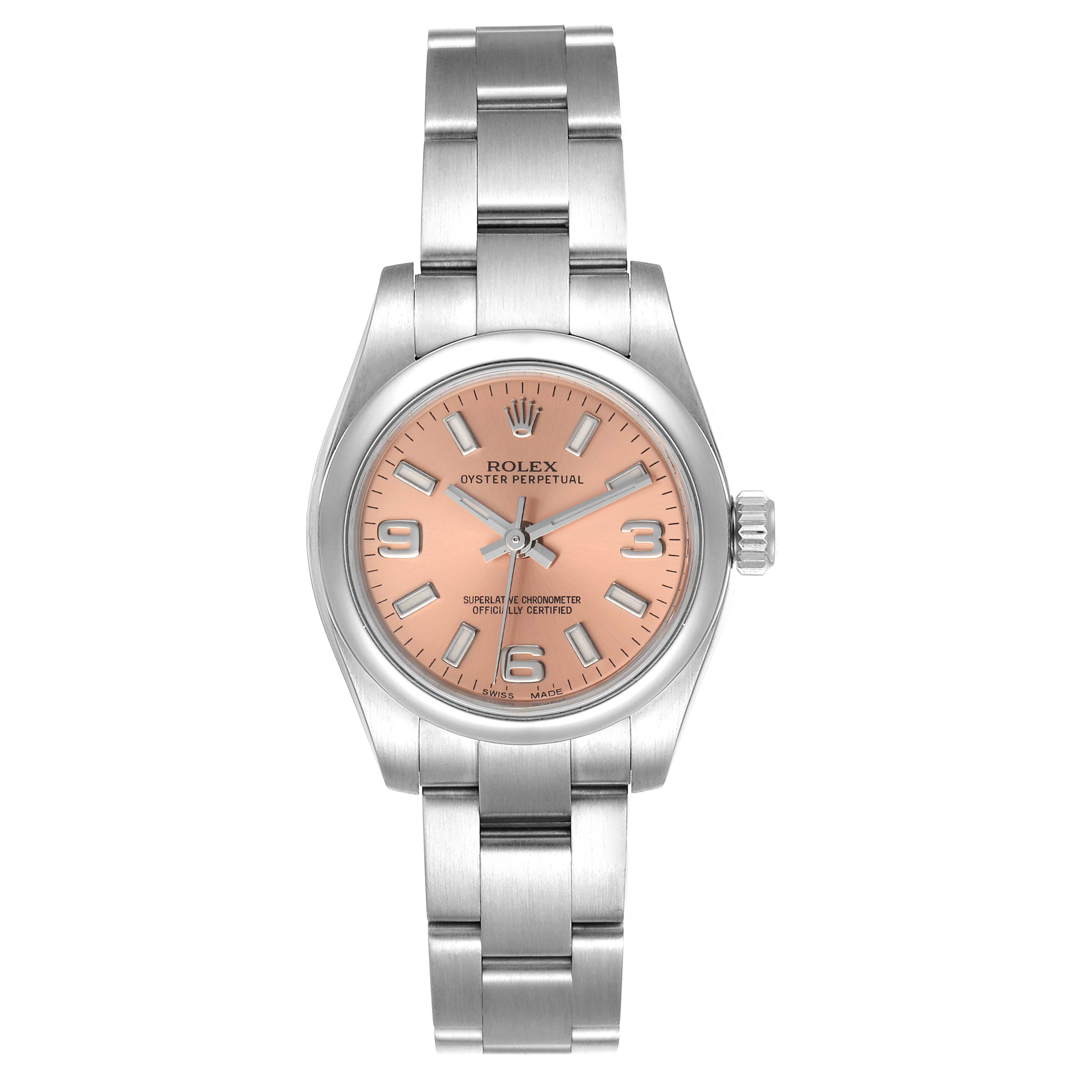 The image shows a front view of the Rolex Oyster Perpetual 176200 Women
s Stainless Steel Pink Dial 176200 Women
s Stainless Steel Pink Dial watch with a pink dial and a stainless steel bracelet.