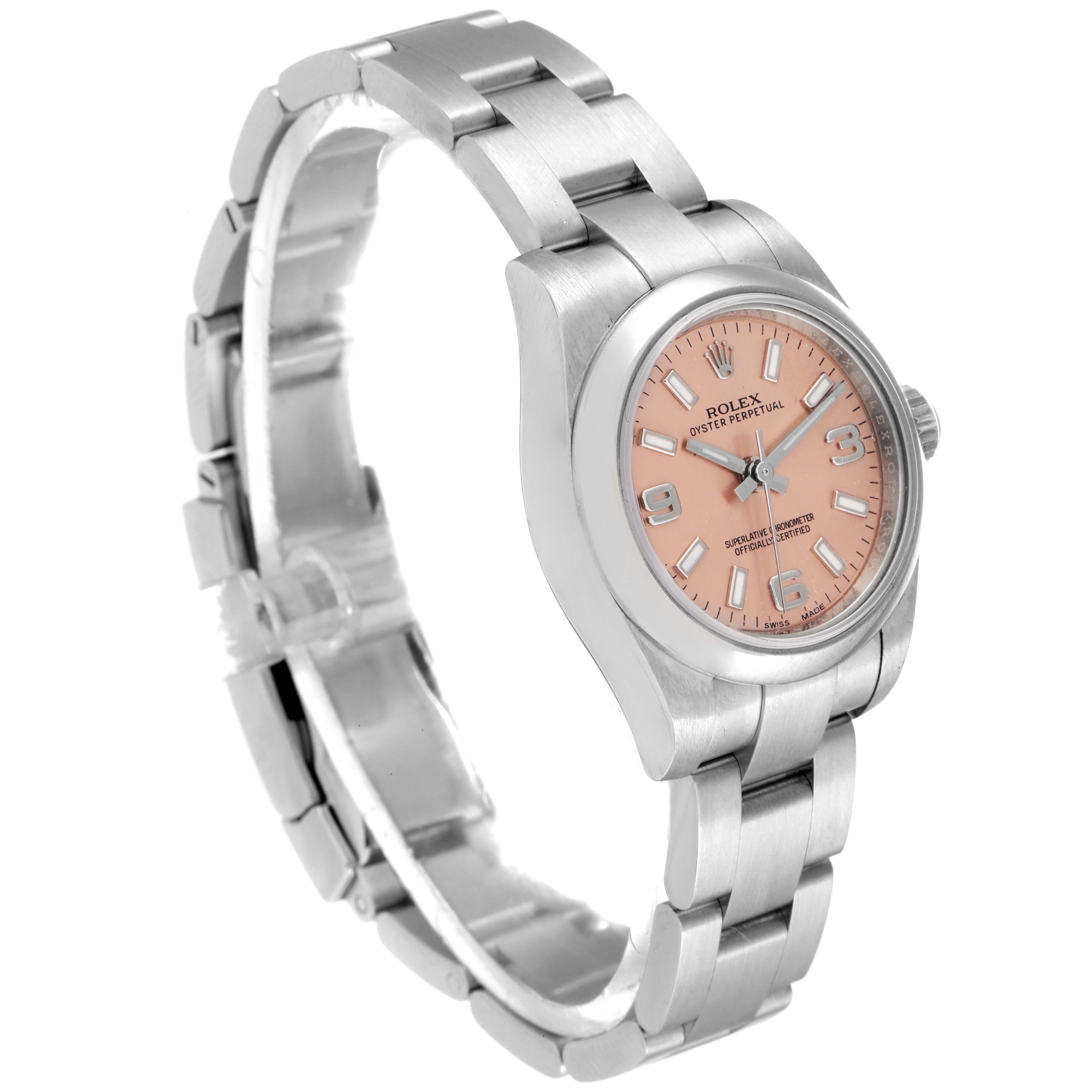 The image shows a side-angle view of a Rolex Oyster Perpetual 176200 Women
s Stainless Steel Pink Dial 176200 Women
s Stainless Steel Pink Dial watch with a pink dial and metal bracelet.