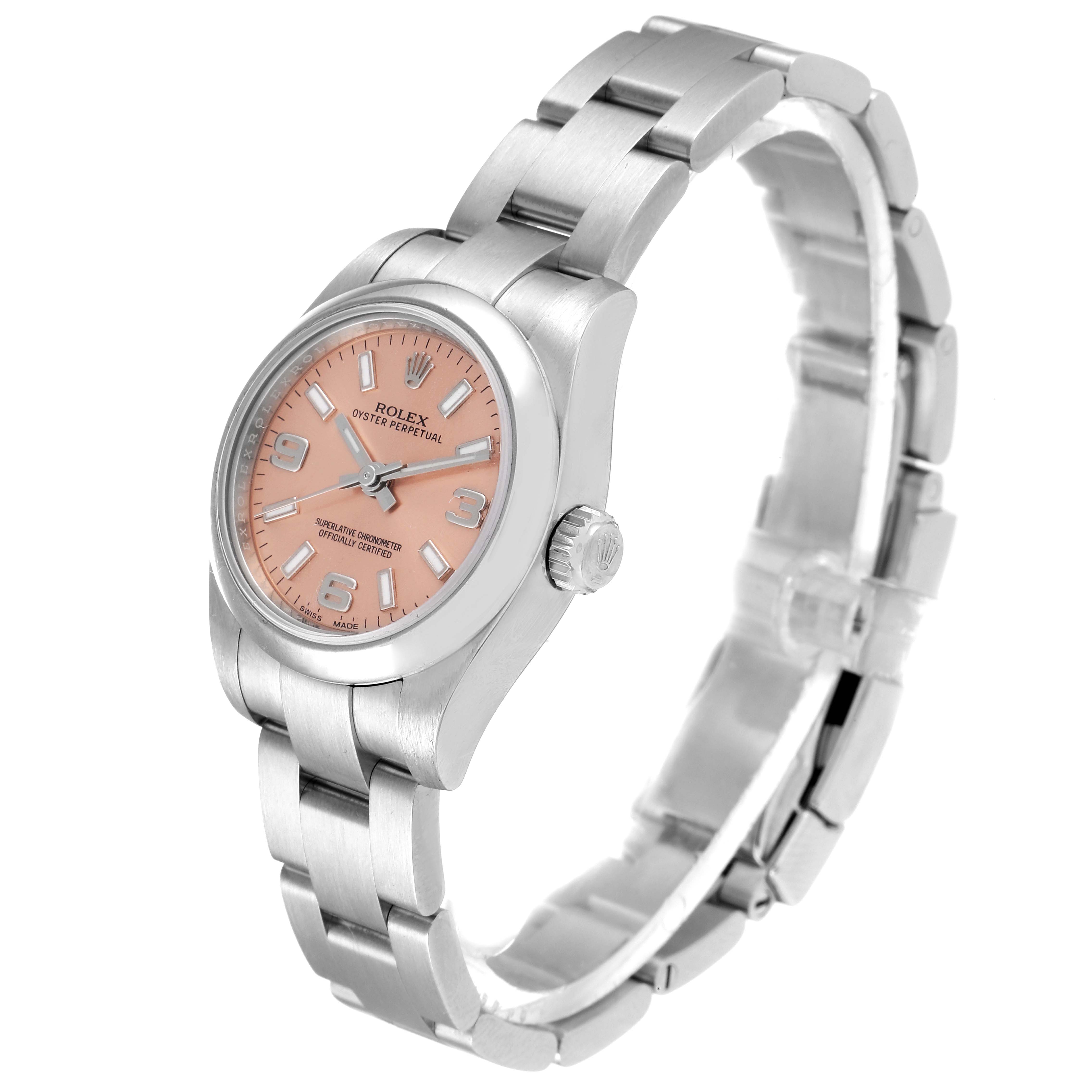 This is a side angle view of the Rolex Oyster Perpetual 176200 Women
s Stainless Steel Pink Dial 176200 Women
s Stainless Steel Pink Dial watch, showcasing its face, dial, crown, and stainless steel bracelet.