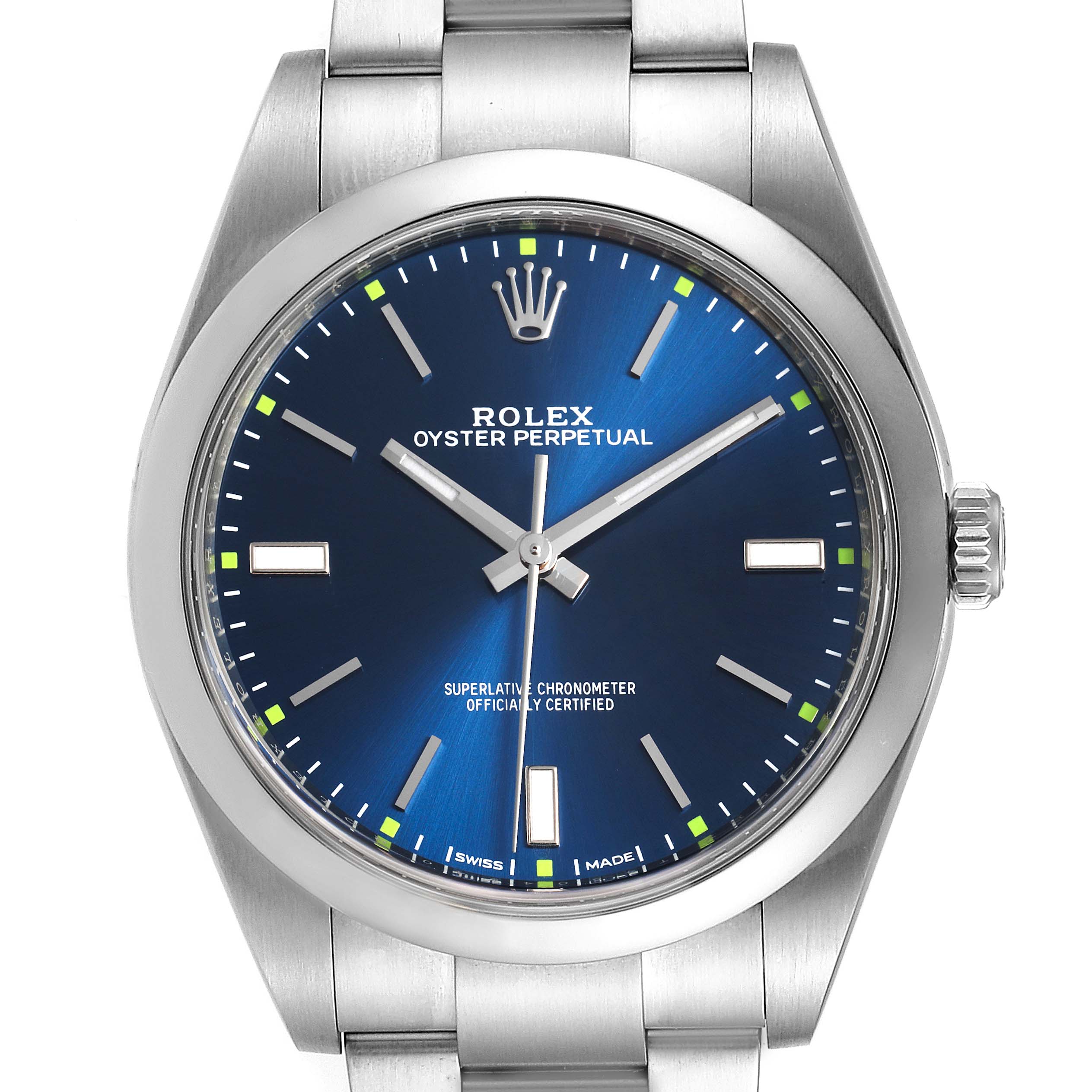 The Rolex Oyster Perpetual 114300 Men's Stainless Steel Blue Dial 114300 Men's Stainless Steel Blue Dial model is shown from a front angle, displaying the watch face, dial, and partial bracelet.
