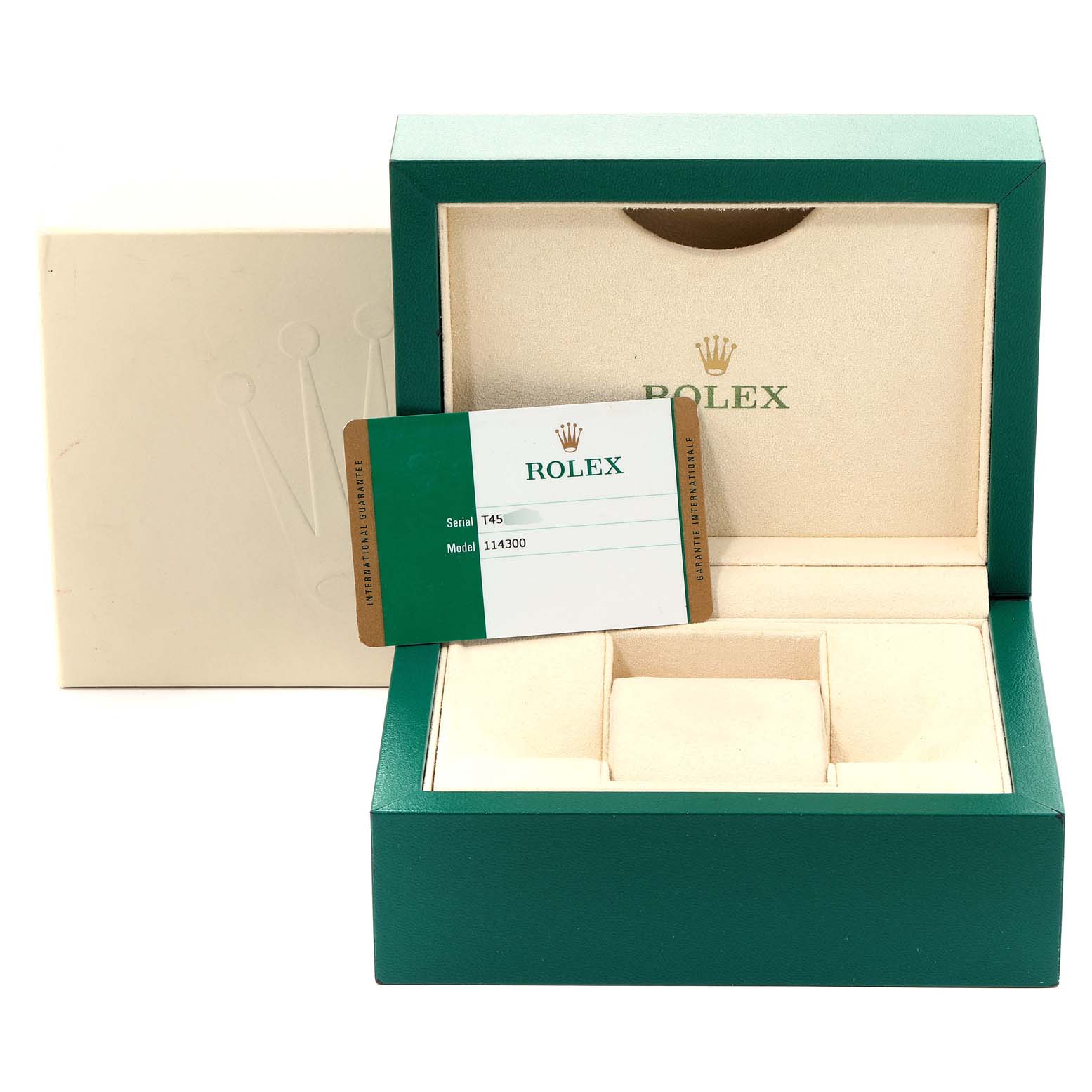 The image shows an empty Rolex Oyster Perpetual 114300 Men's Stainless Steel Blue Dial 114300 Men's Stainless Steel Blue Dial watch box and its certification card with model number 114300.