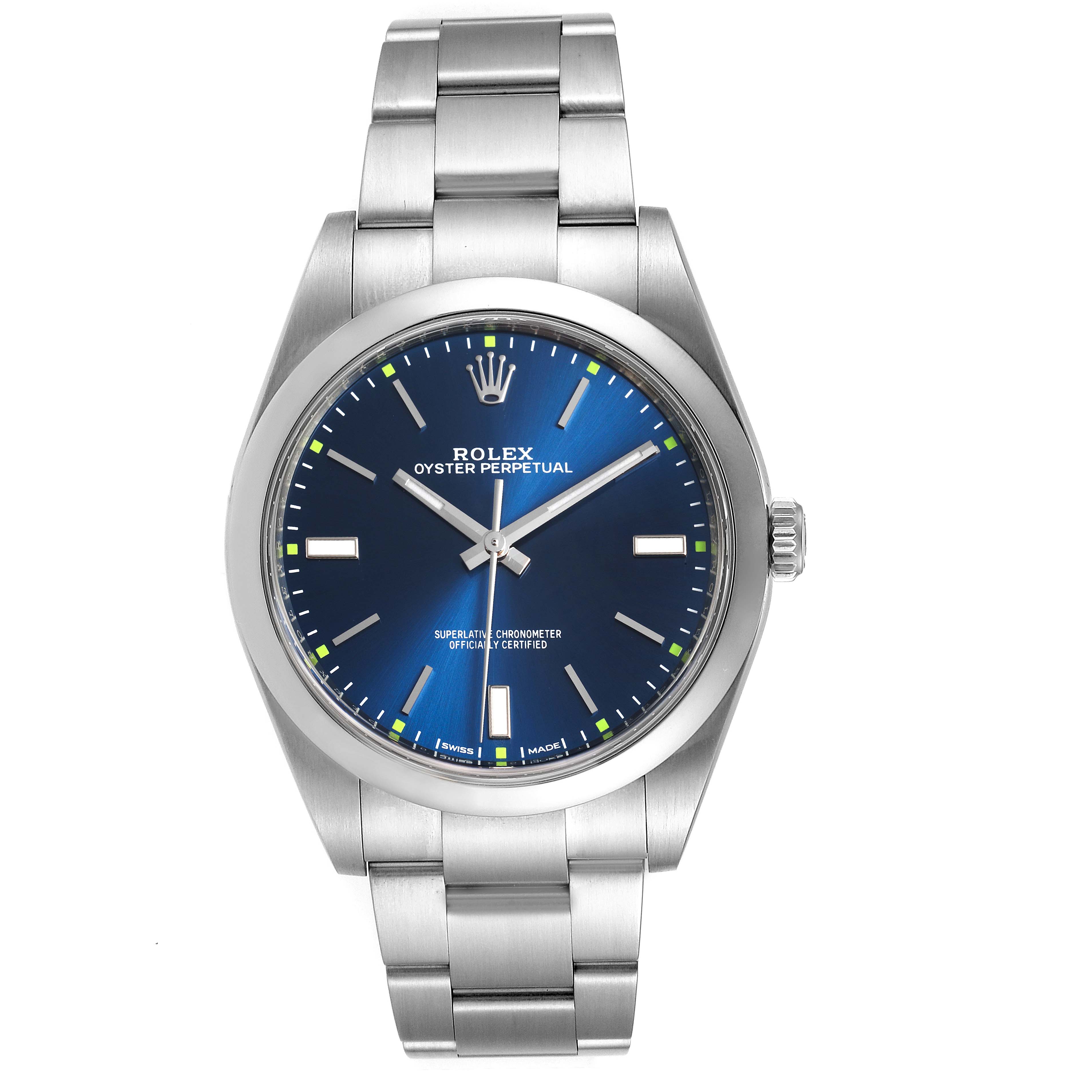 The image shows a Rolex Oyster Perpetual 114300 Men's Stainless Steel Blue Dial 114300 Men's Stainless Steel Blue Dial watch from a front view, highlighting the blue dial and stainless steel bracelet.