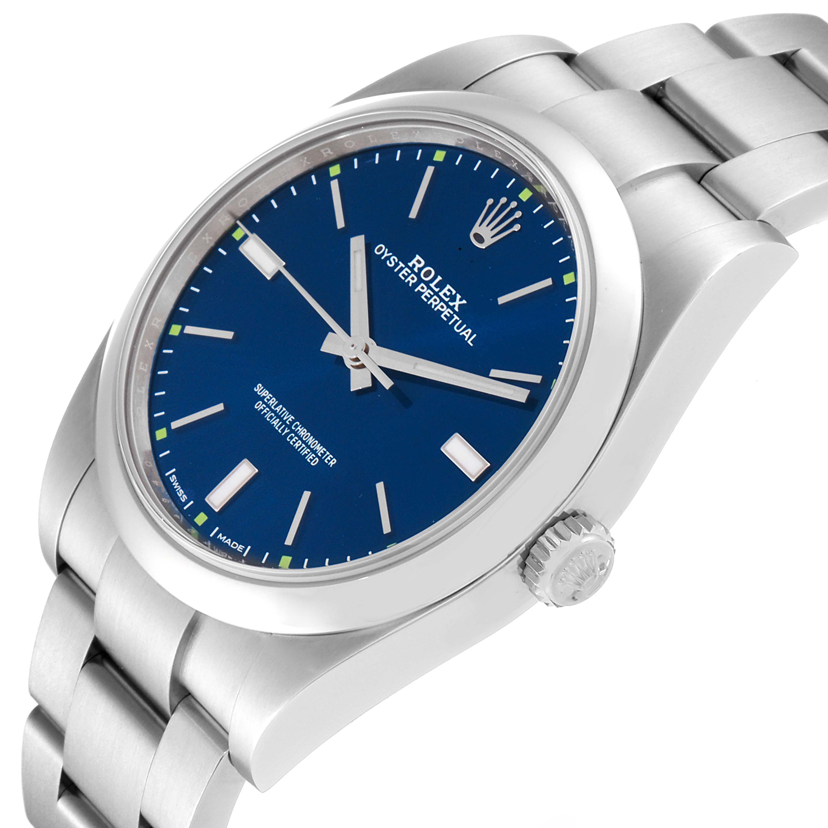 The image shows a Rolex Oyster Perpetual 114300 Men's Stainless Steel Blue Dial 114300 Men's Stainless Steel Blue Dial watch from an oblique angle, highlighting the dial, case, crown, and part of the bracelet.