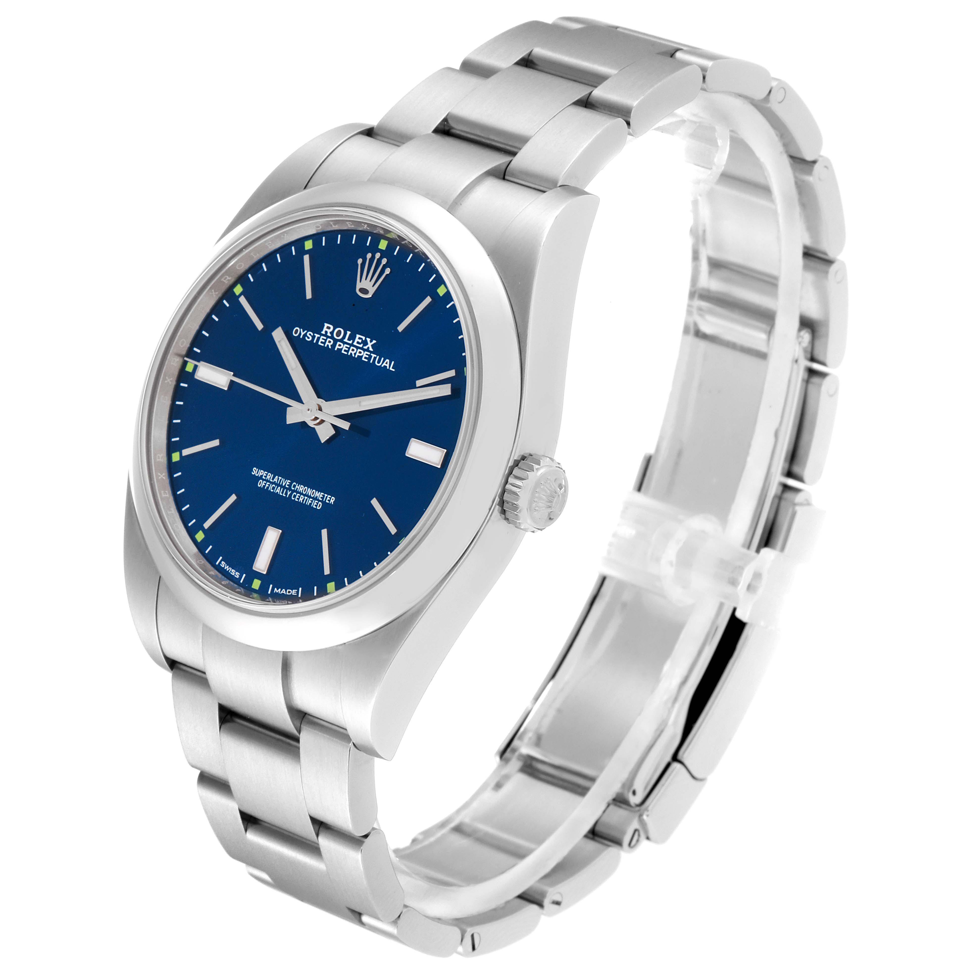 The image shows a side angle of the Rolex Oyster Perpetual 114300 Men's Stainless Steel Blue Dial 114300 Men's Stainless Steel Blue Dial watch, highlighting its blue dial, crown, and metal bracelet.