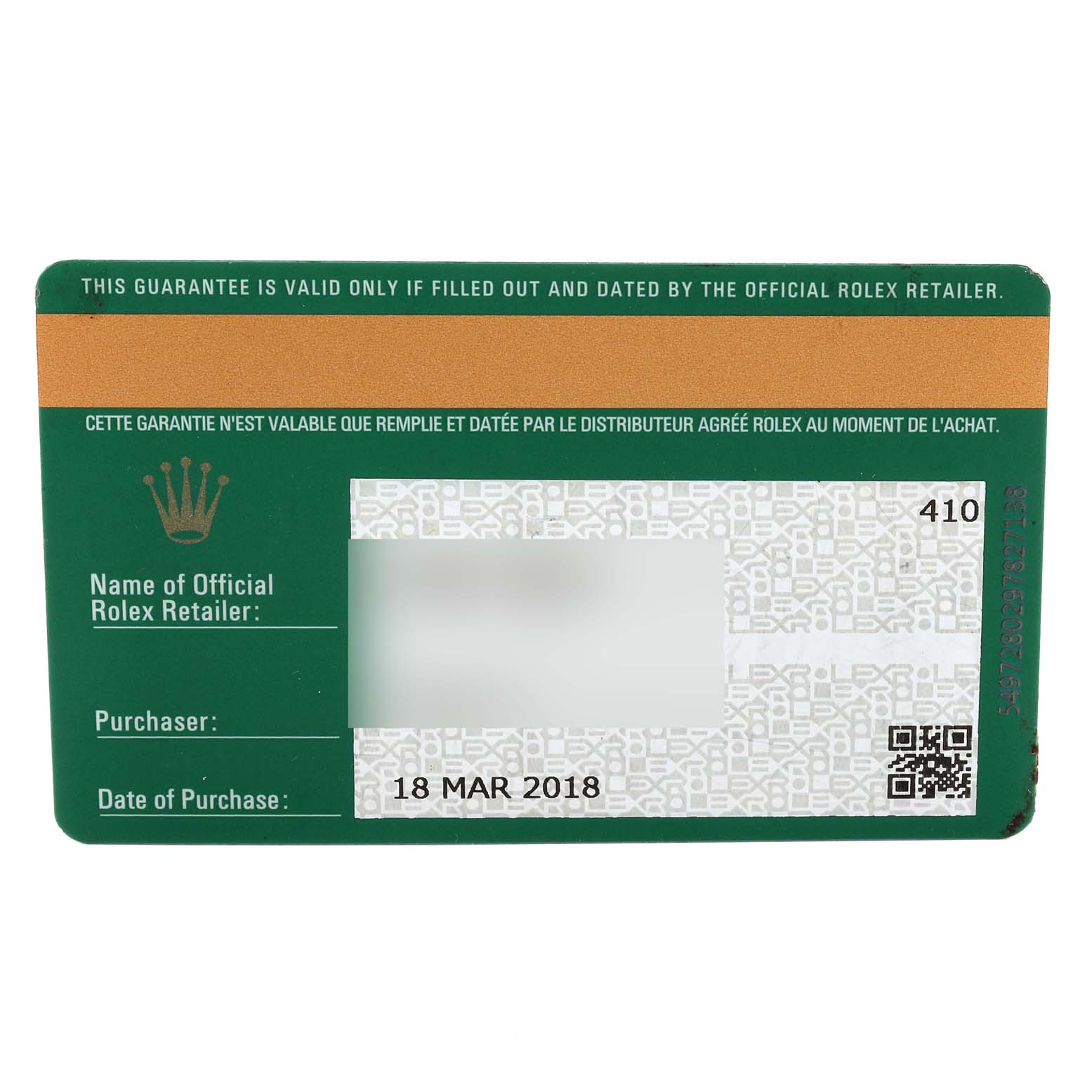 This image shows the warranty card for a Rolex Oyster Perpetual 114300 Men's Stainless Steel Blue Dial 114300 Men's Stainless Steel Blue Dial watch.