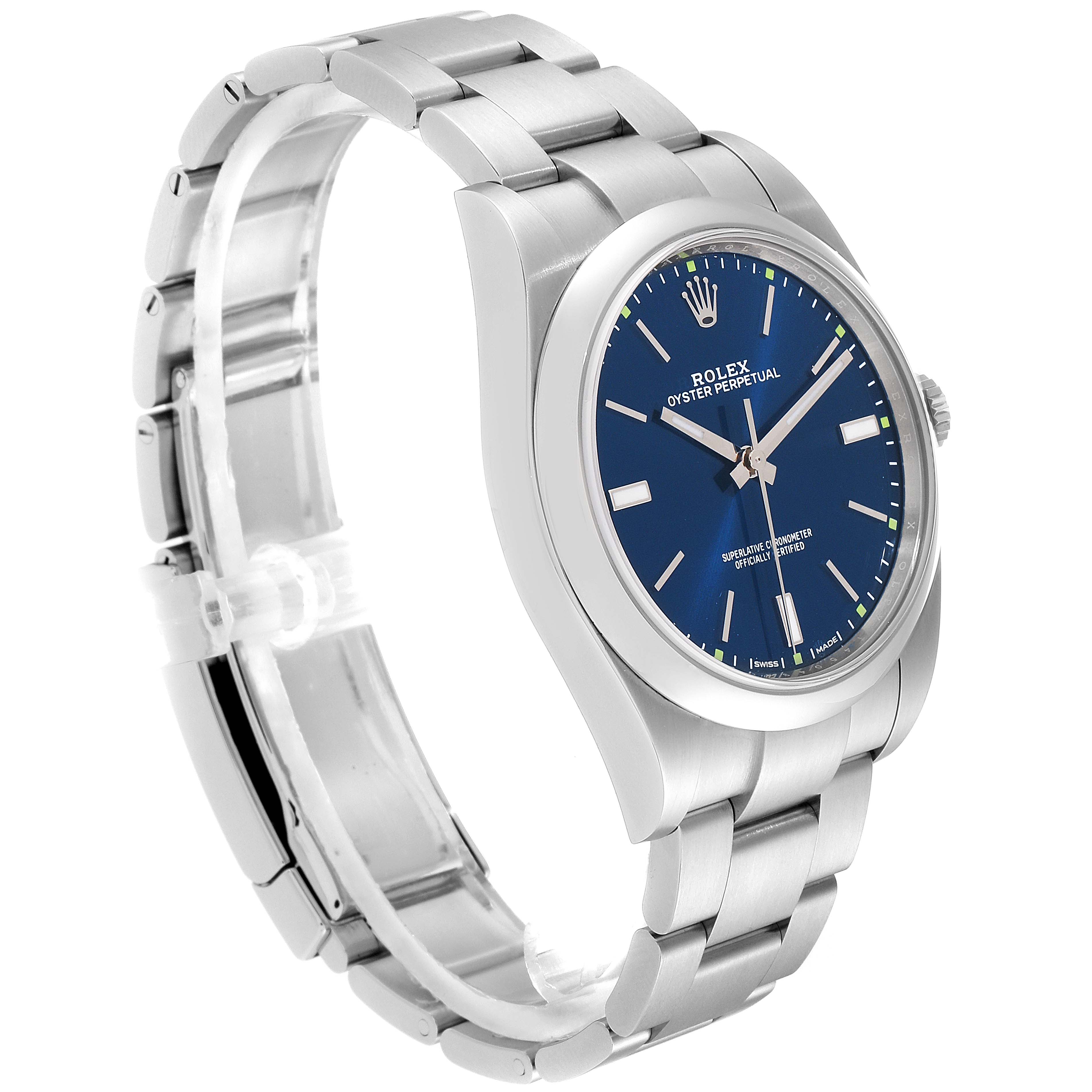 The image shows a Rolex Oyster Perpetual 114300 Men's Stainless Steel Blue Dial 114300 Men's Stainless Steel Blue Dial watch from a side angle, highlighting its bracelet, blue dial, and case.