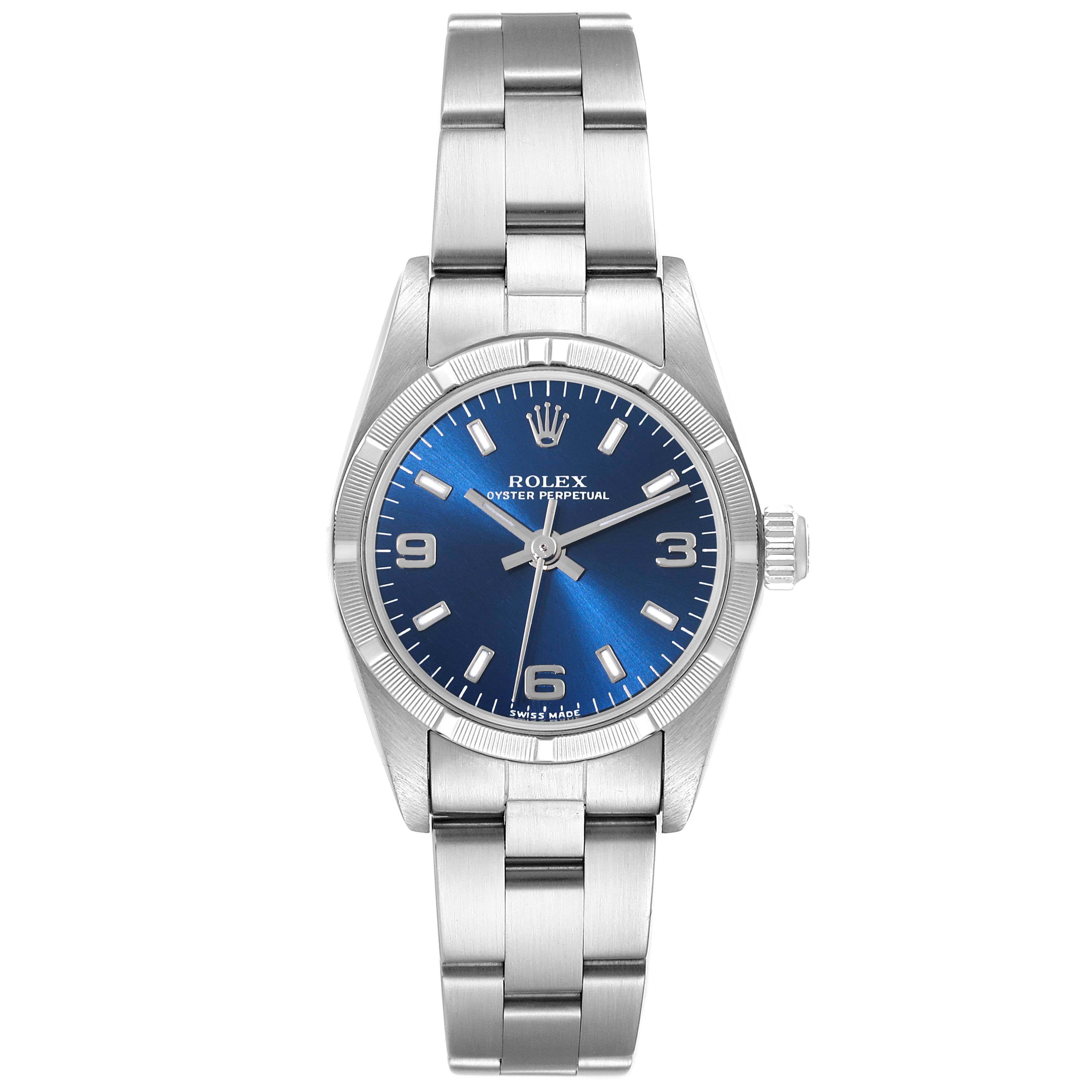 The Rolex Oyster Perpetual 76030 Women's Stainless Steel Blue Dial 76030 Women's Stainless Steel Blue Dial watch is shown from the front, displaying its blue dial, stainless steel case, and bracelet.