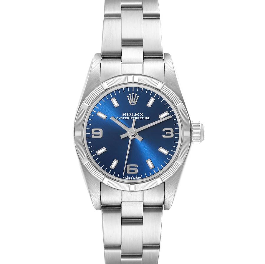 This image shows the front view of a Rolex Oyster Perpetual watch with a blue dial and stainless steel bracelet.