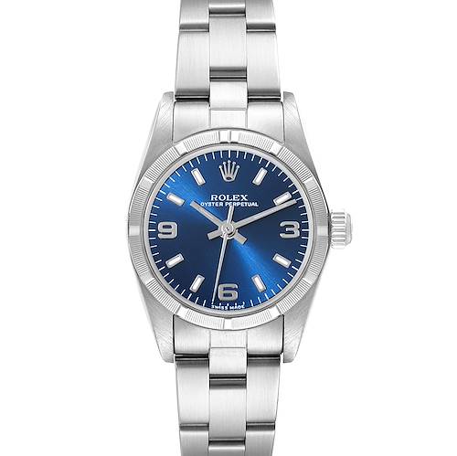 The image shows a front angle of a Rolex Oyster Perpetual watch with a blue dial and stainless steel bracelet.