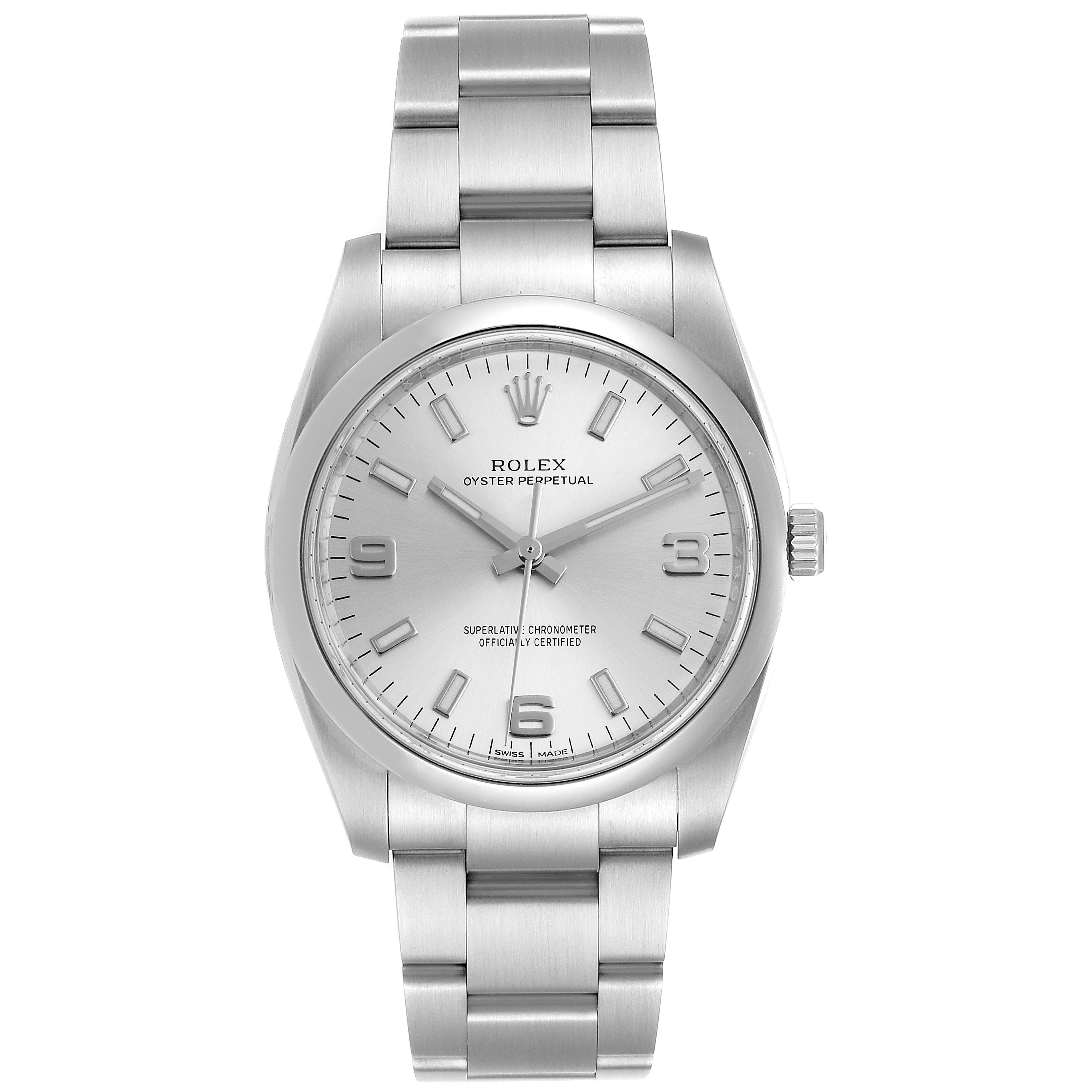 The image shows a frontal view of a silver Rolex Oyster Perpetual 114200 Men's Stainless Steel Silver Dial 114200 Men's Stainless Steel Silver Dial watch, displaying the face and bracelet.