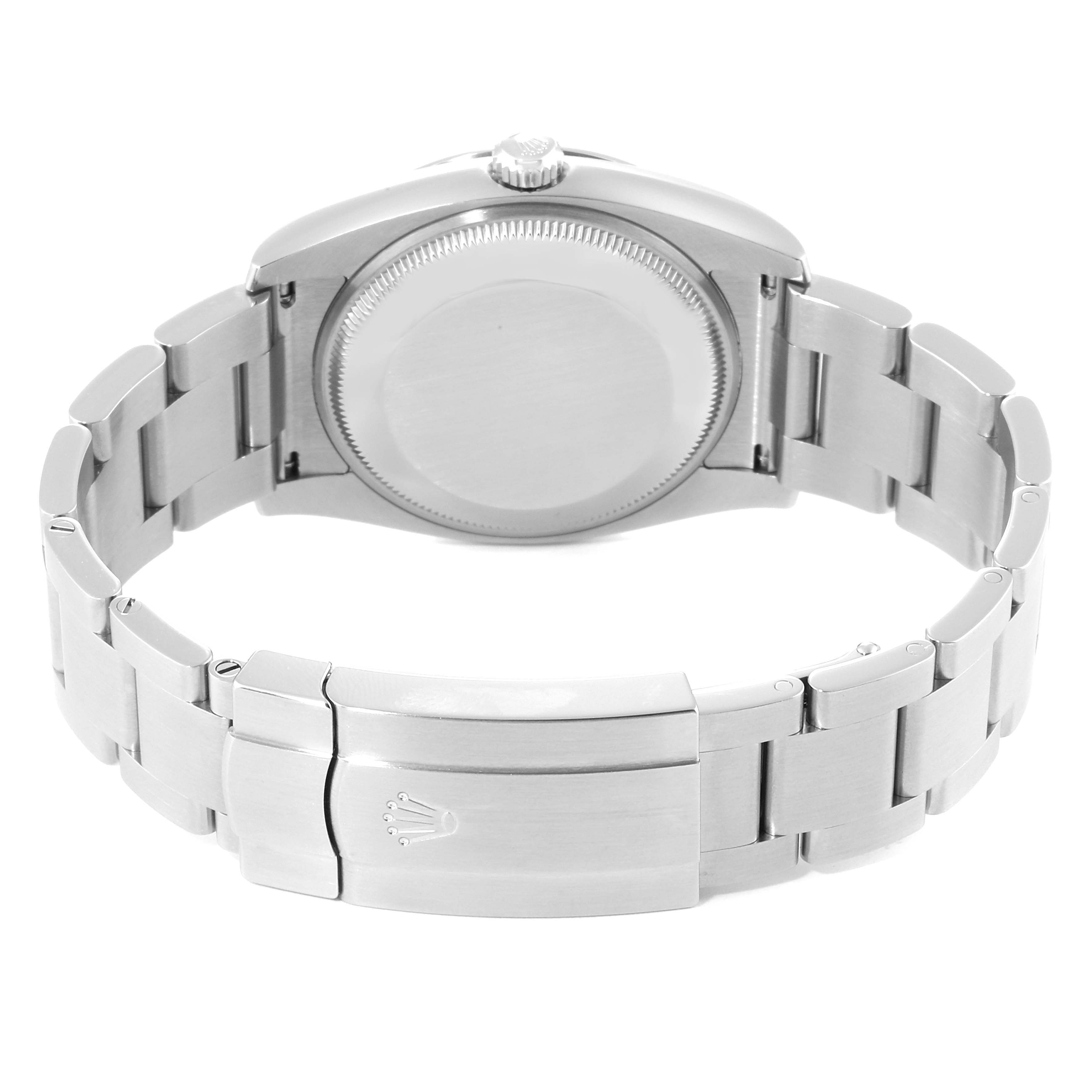 The image shows the back and clasp of a Rolex Oyster Perpetual 114200 Men's Stainless Steel Silver Dial 114200 Men's Stainless Steel Silver Dial watch, highlighting the bracelet and case back.