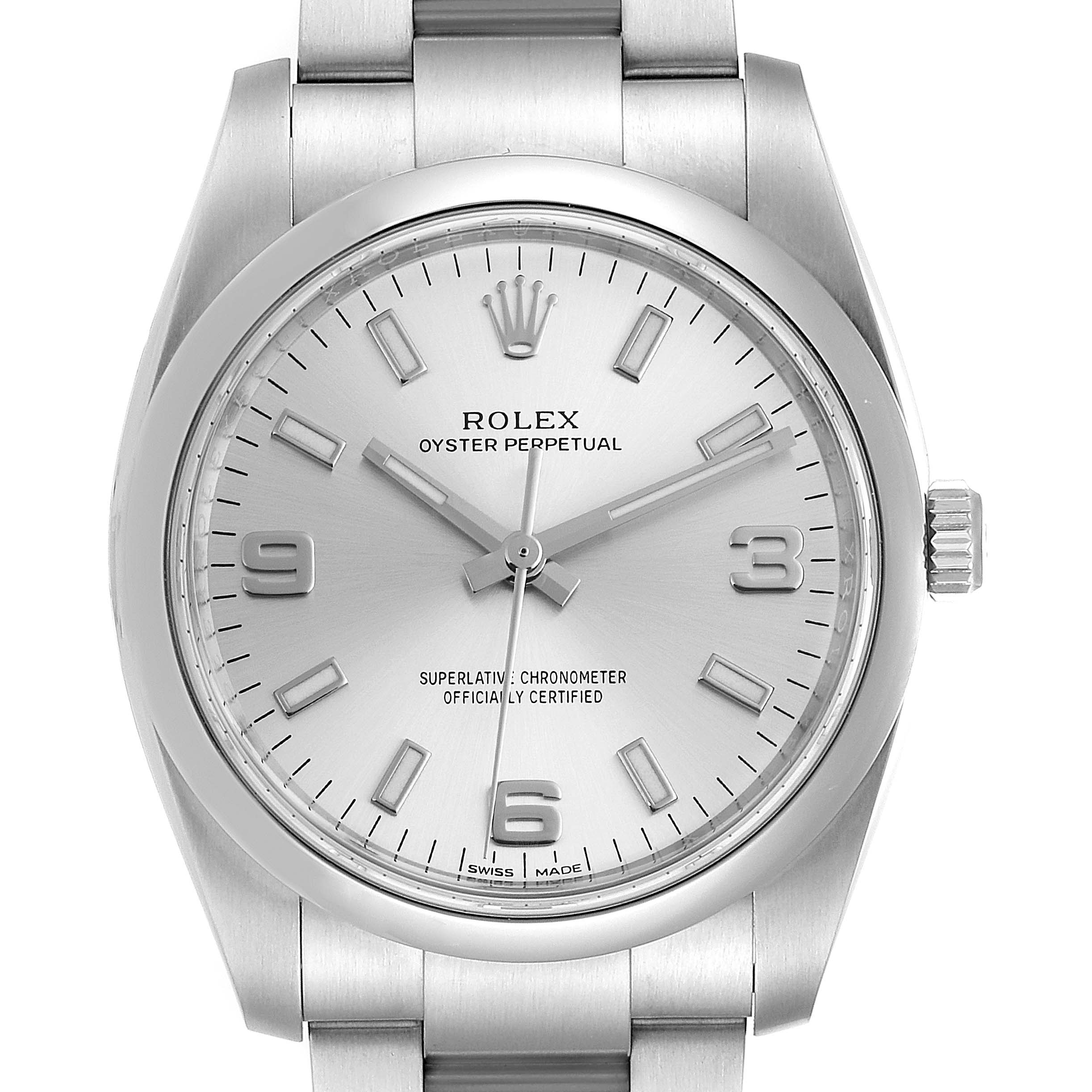 This image shows a front view of the Rolex Oyster Perpetual 114200 Men's Stainless Steel Silver Dial 114200 Men's Stainless Steel Silver Dial watch, highlighting the dial, hour markers, hands, case, and bracelet.